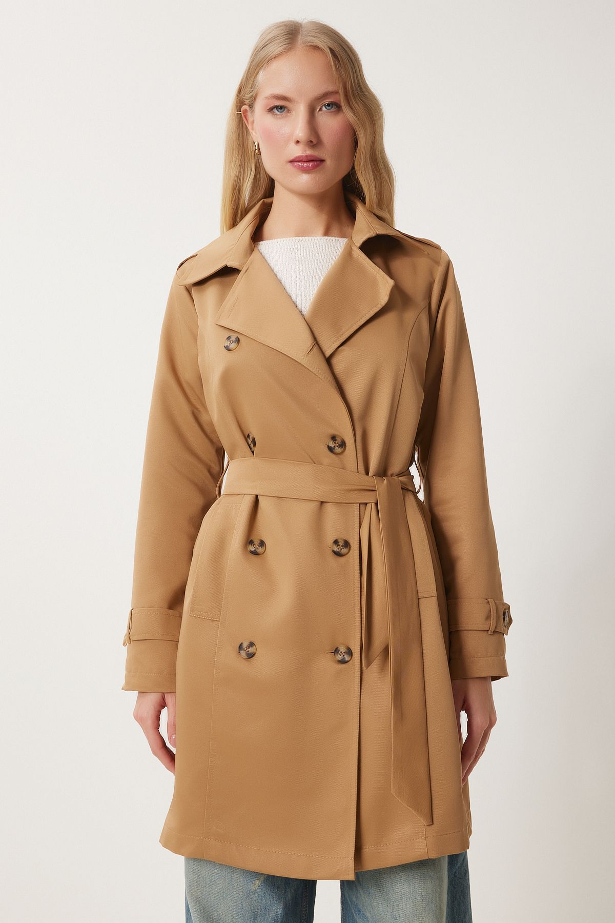 Happiness İstanbul-Trenci sezonier pentru damă, Camel, cu guler dublu, cu brâu DD01345 3