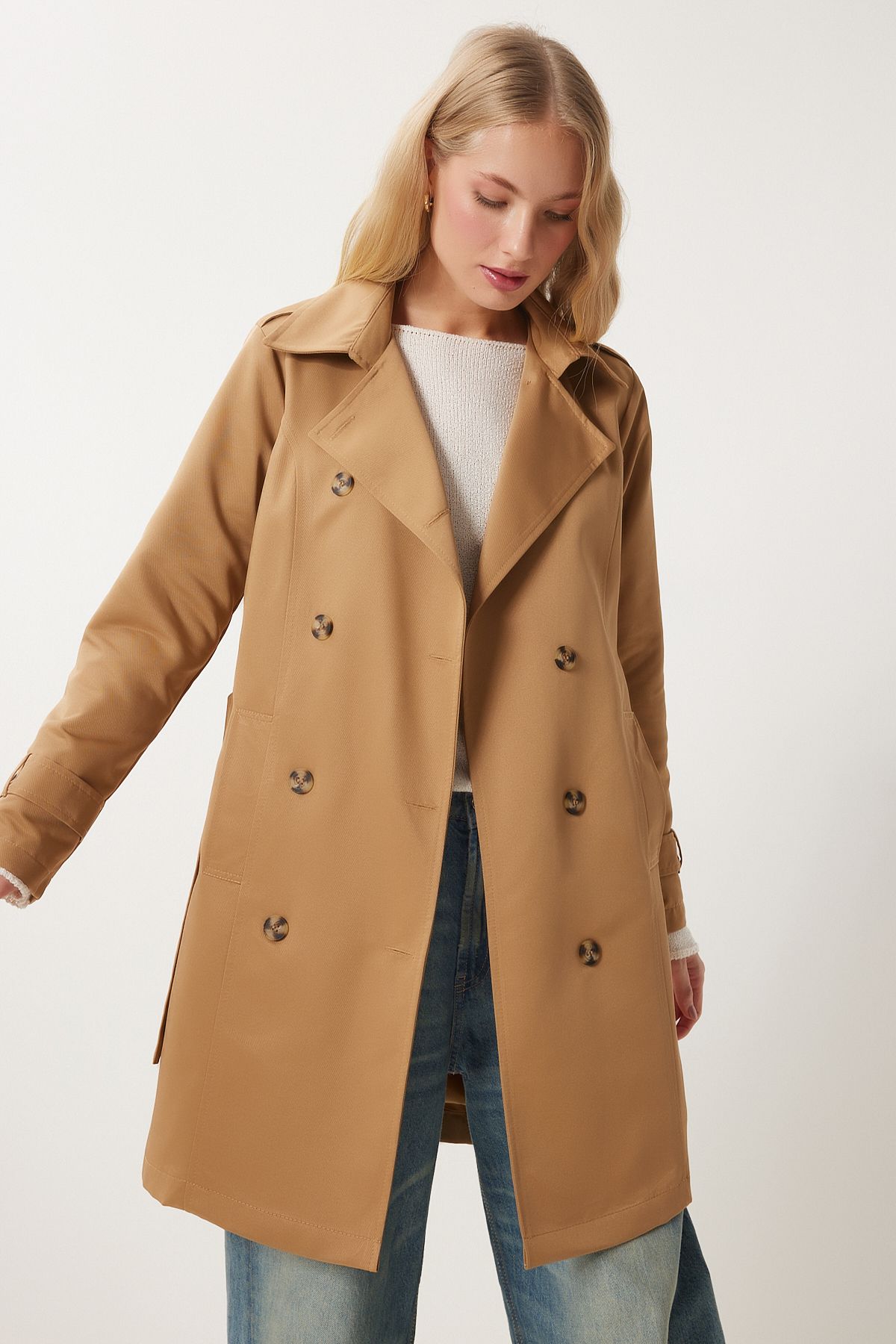 Happiness İstanbul-Trenci sezonier pentru damă, Camel, cu guler dublu, cu brâu DD01345 6