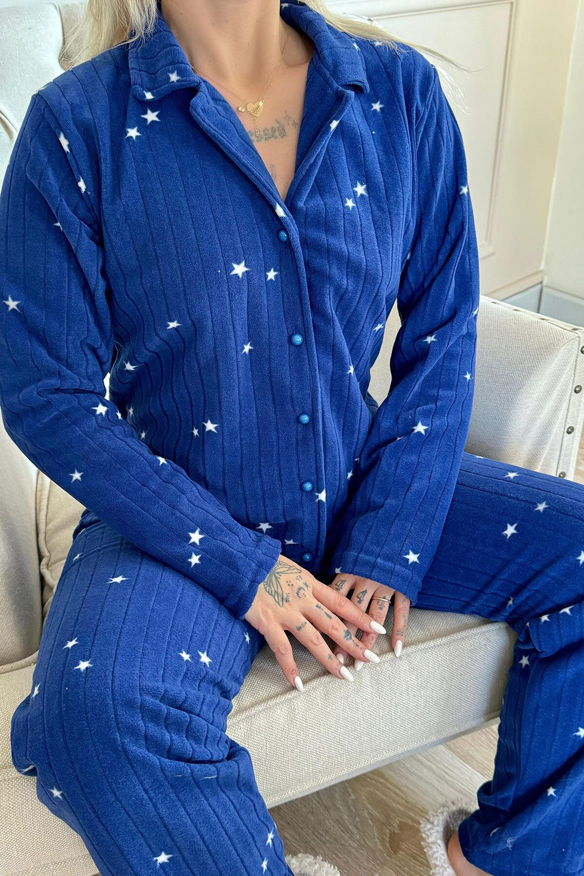 Pijamaevi-Navy Blue Lune Patterned Front Buttoned Plush Polar Pajama Set 5