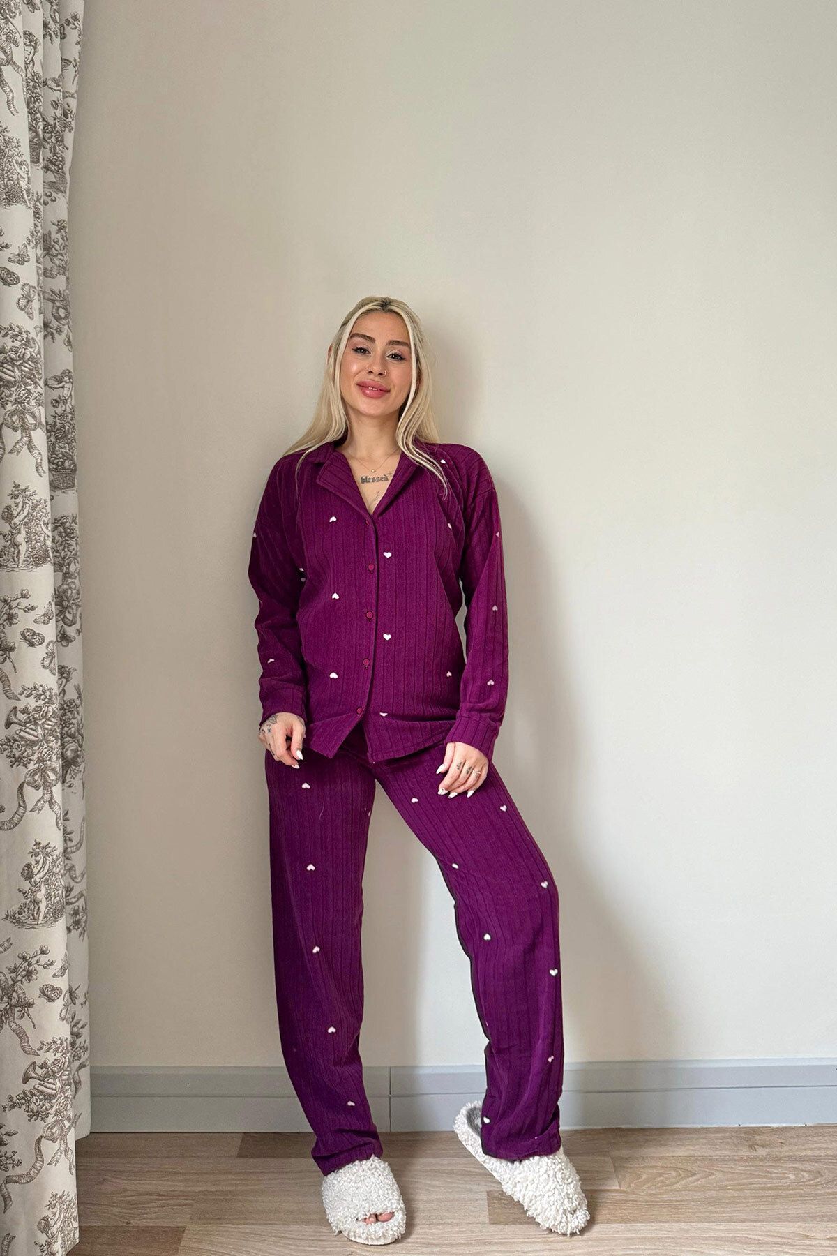 Pijamaevi-Plum Jantung Patterned Front Buttoned Plush Fleece Pajama Set 6