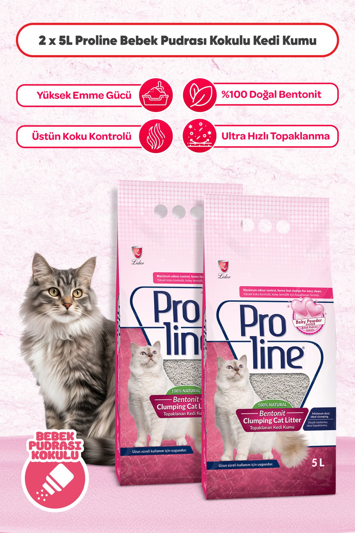 Proline Bebek Pudralı Bentonit Topaklanan Kedi Kumu 5 Lt X 2 Adet
