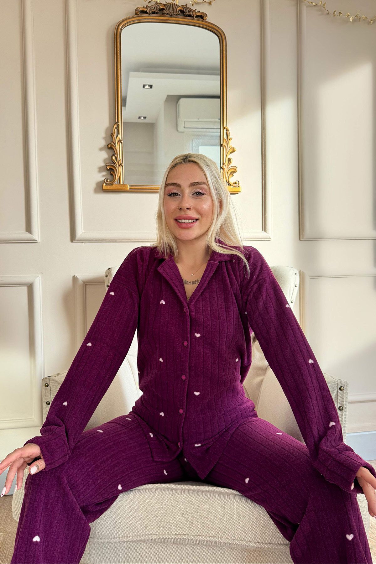 Pijamaevi-Plum Jantung Patterned Front Buttoned Plush Fleece Pajama Set 4