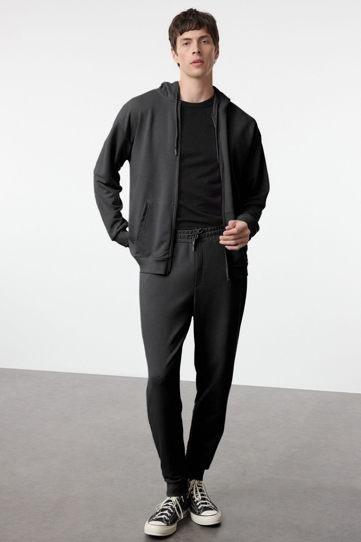 Trendyol Collection Czarny Dres Oversize Z Kapturem - Mężczyzna - S