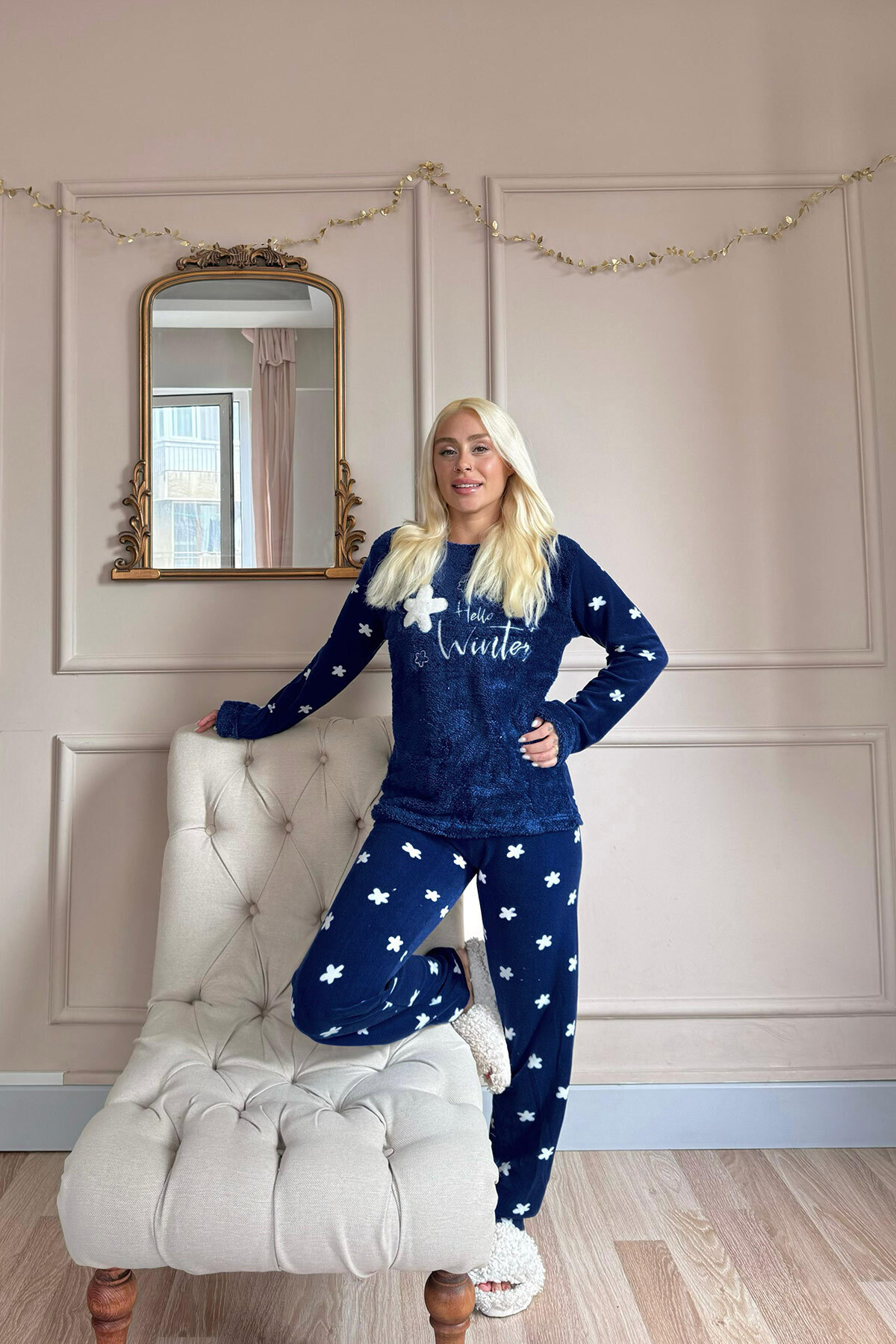 Pijamaevi-Set de pijamale de pluș pentru femei, albastru bleumarin, cu model Hello Winter 6