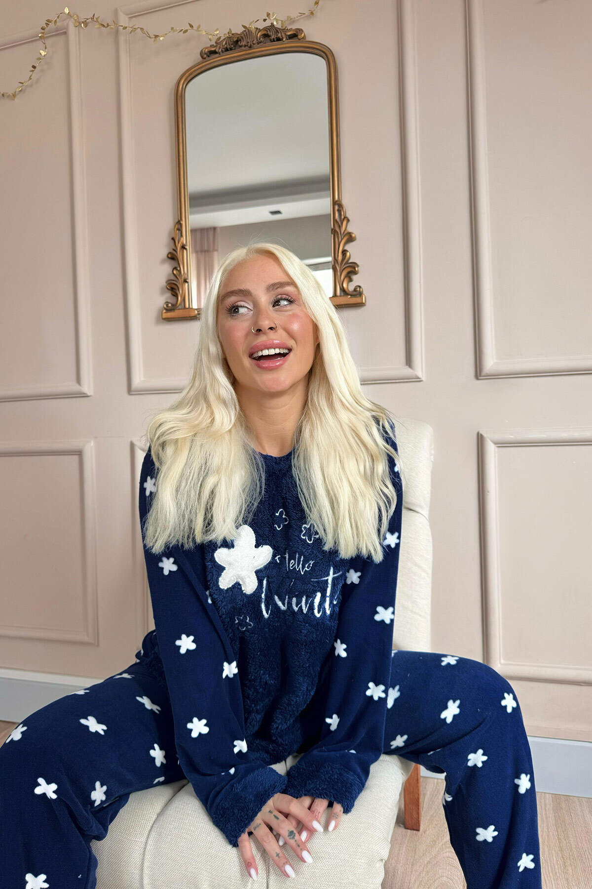 Pijamaevi-Set de pijamale de pluș pentru femei, albastru bleumarin, cu model Hello Winter 3
