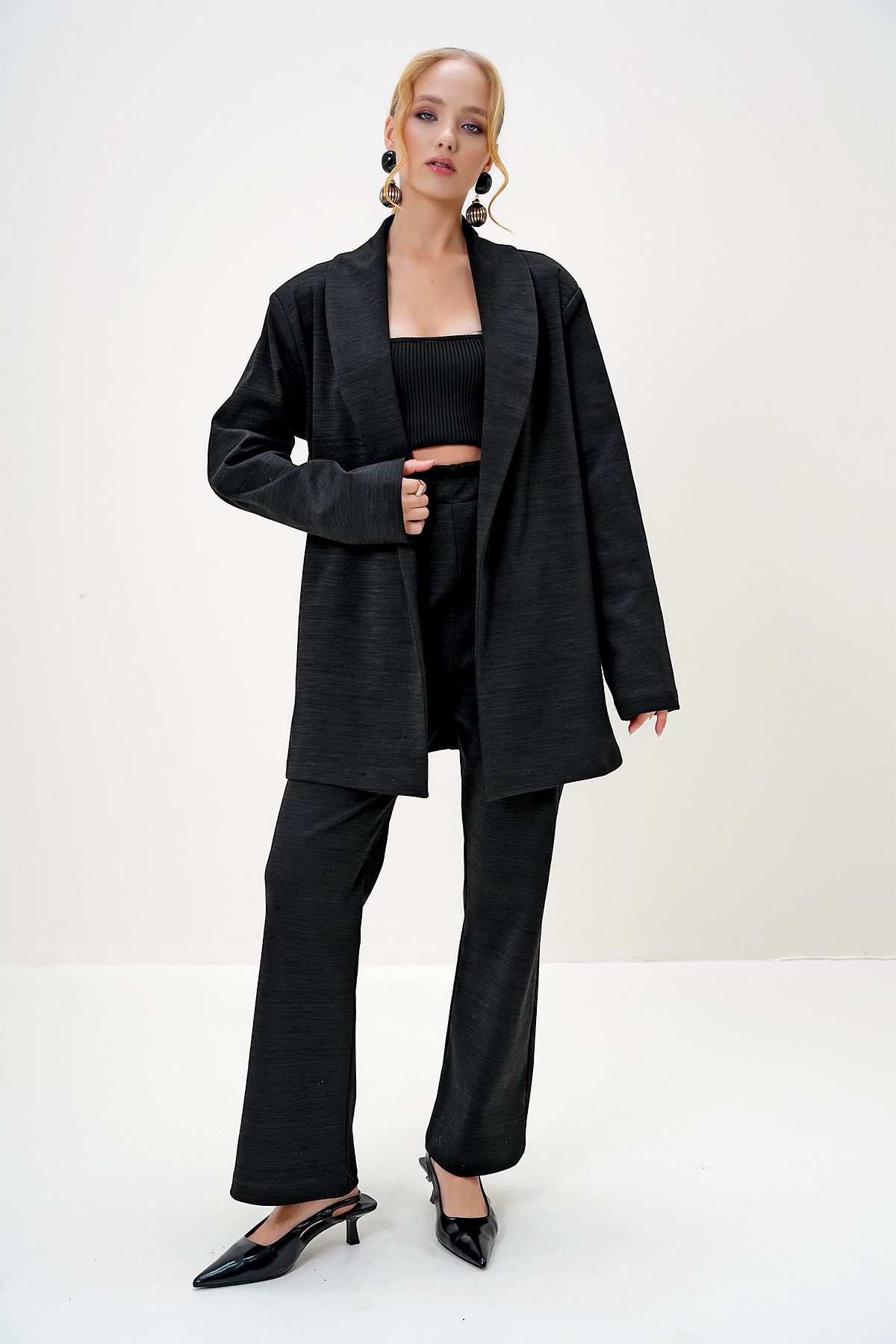 Trend Alaçatı Stili-Schwarzes Damen-Blazer-Set mit Schalkragen, Strickjacke und Hose ALC-X13125 2