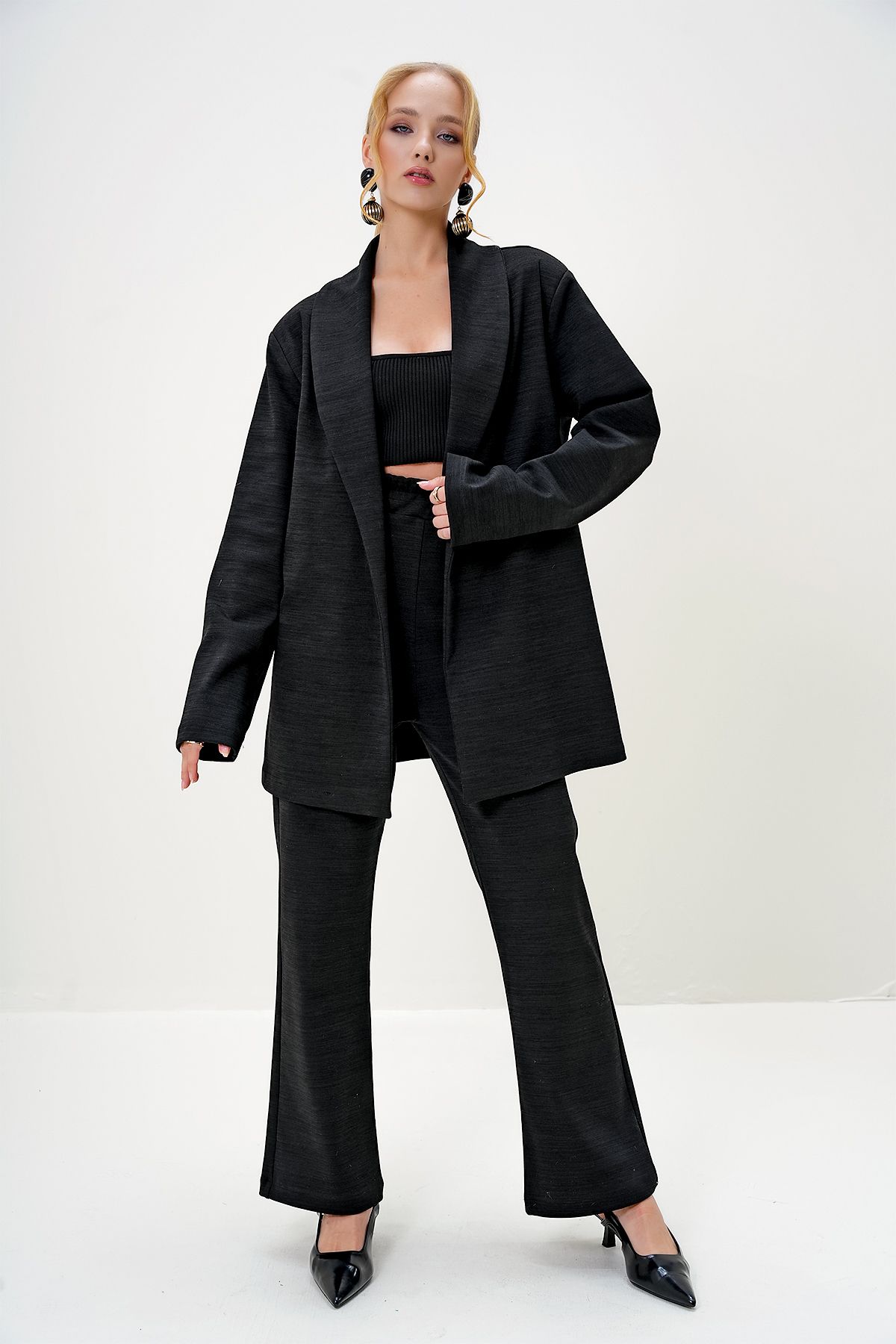 Trend Alaçatı Stili-Schwarzes Damen-Blazer-Set mit Schalkragen, Strickjacke und Hose ALC-X13125 4