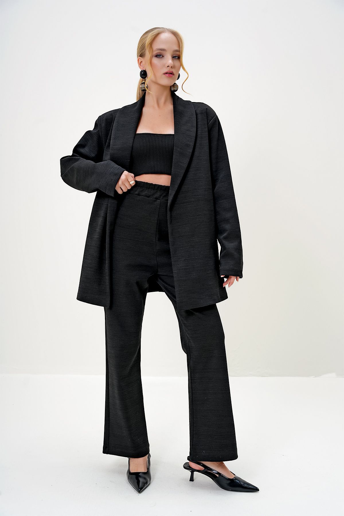 Trend Alaçatı Stili-Schwarzes Damen-Blazer-Set mit Schalkragen, Strickjacke und Hose ALC-X13125 3