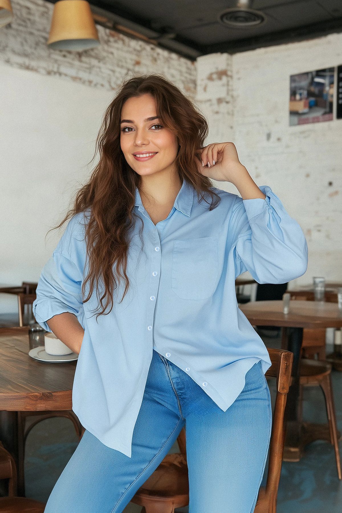 Trendyol Curve Niebieska Tkana Koszula Typu Boyfriend Kobieta - 48