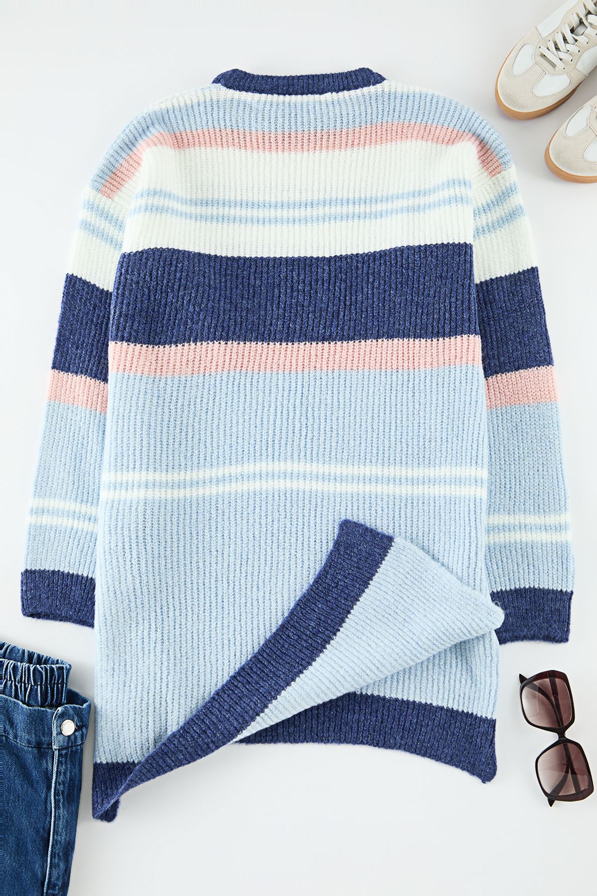 Edit by Trendyol-Blue Striped Side Slit Knitwear Sweater Tedaw25An00003 4