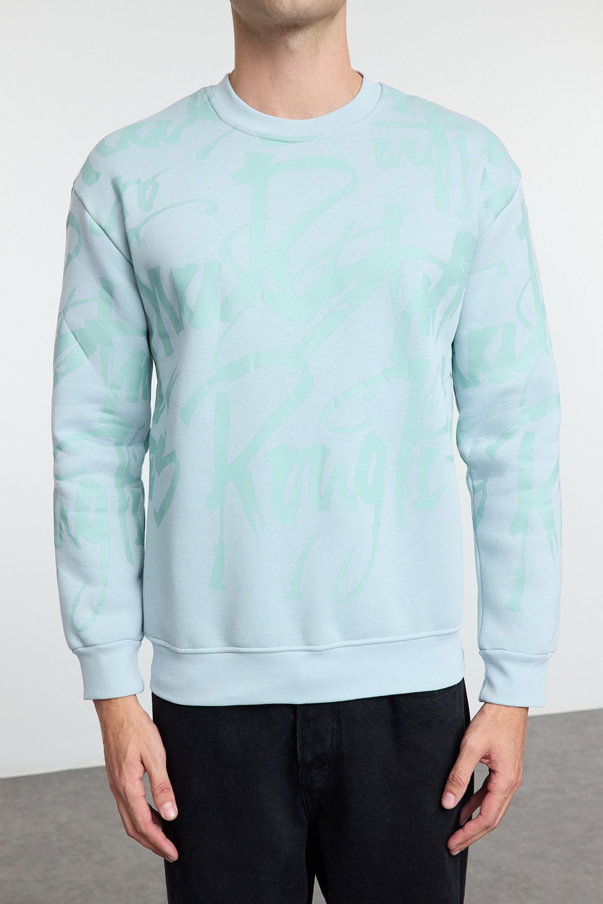 Trendyol Collection-Ice Blue Printed Fleece Sweatshirt - Regular Fit Tmnaw25Sw00192 3