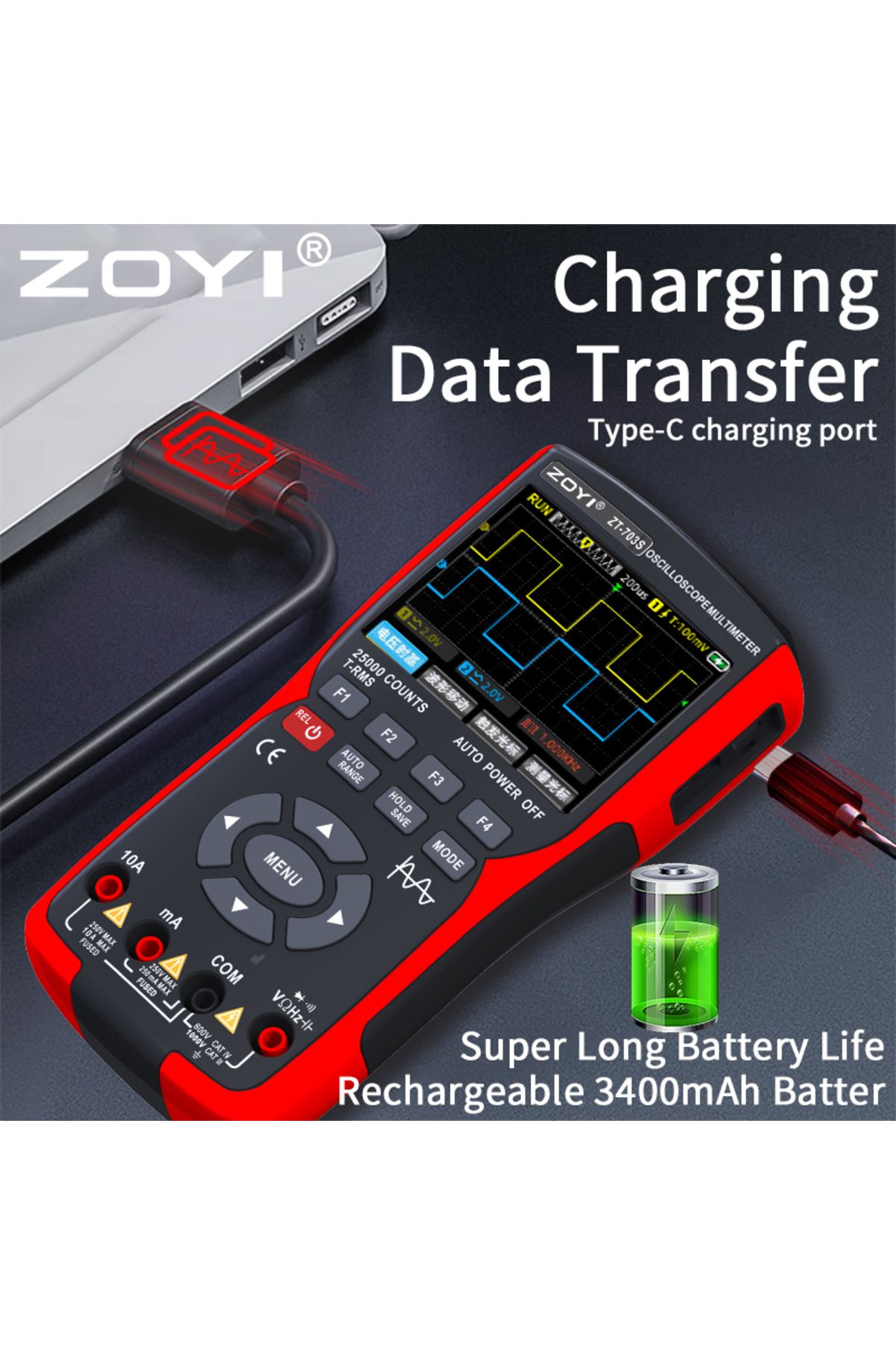 ZOYI-ZT-703 Handheld digital oscilloscope multimeter three-in-one two-channel oscillometer signal... 3