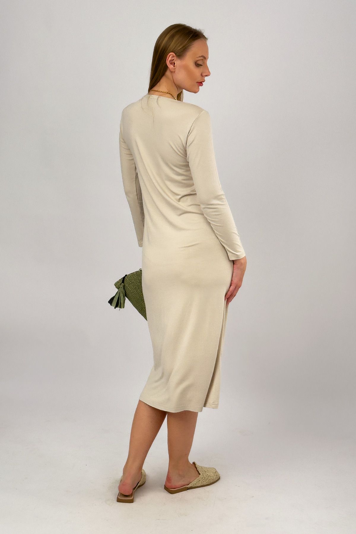 Betimoda-Beige Colored Viscose Midi Dress - Long Sleeve, Crew Neck 8