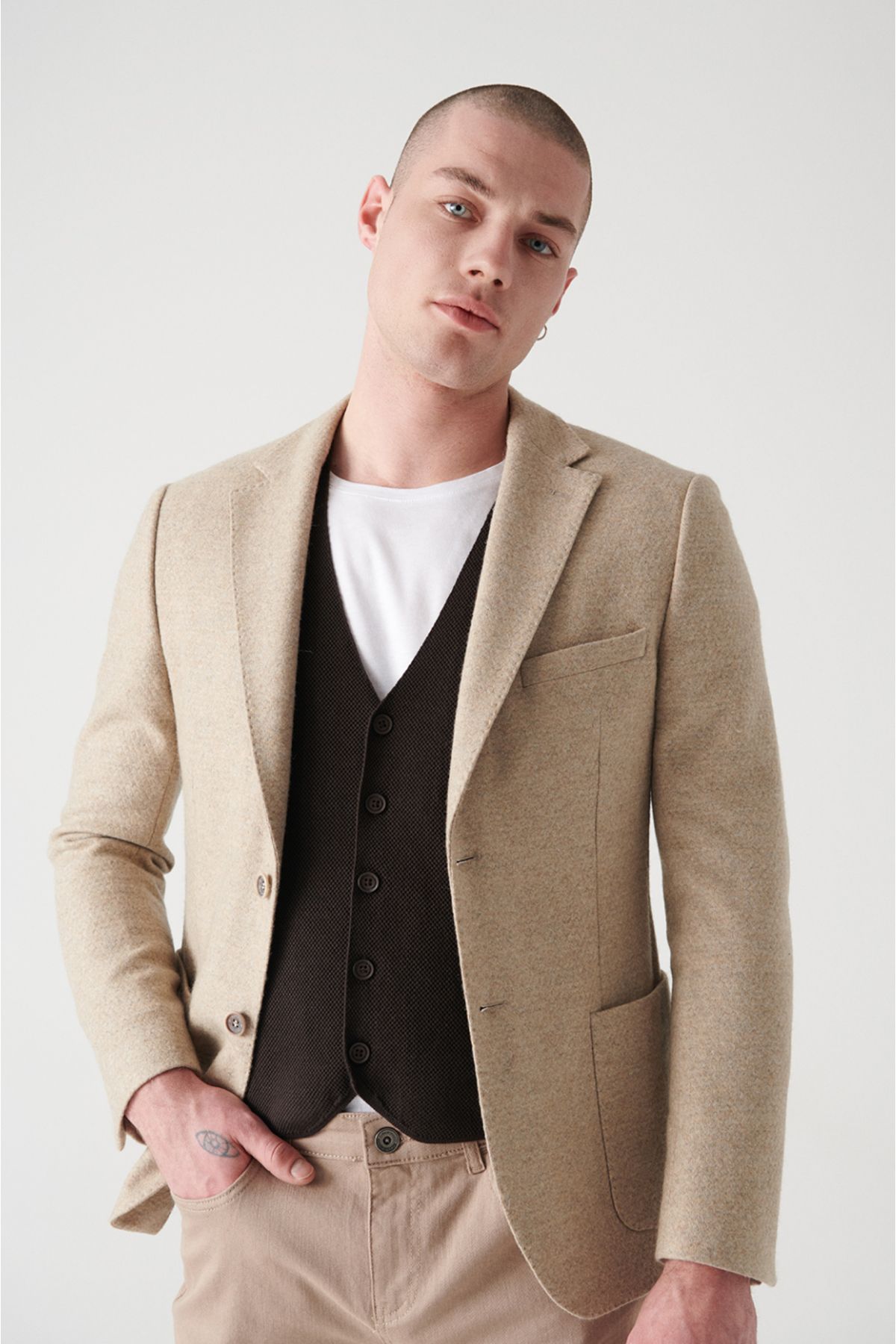 Avva-Men's Beige Mono Collar Wool Unlined Jacket A22Y4006 3