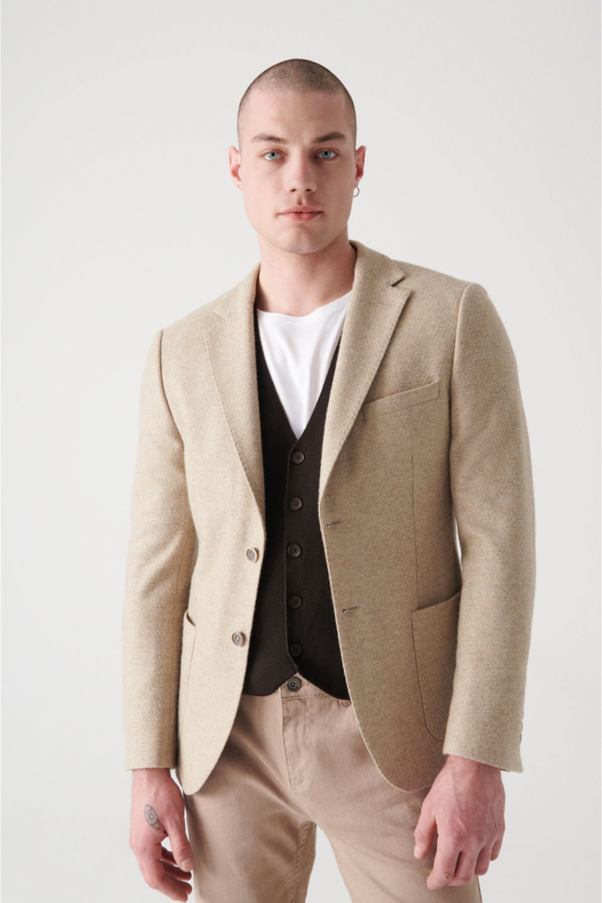 Avva-Men's Beige Mono Collar Wool Unlined Jacket A22Y4006 1