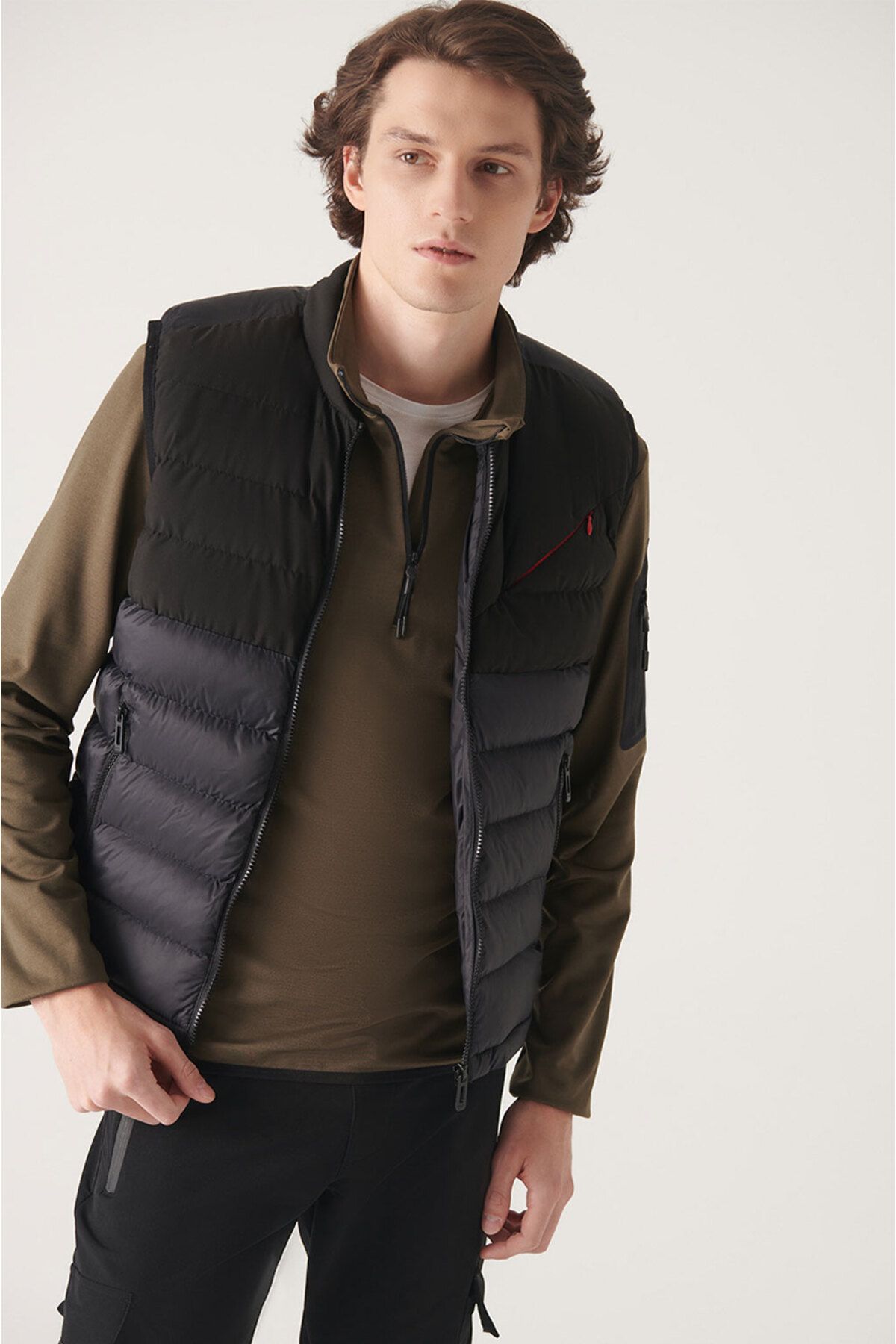 Avva-Men's Black Bomber Collar Double Fabric Water Repellent Inflatable Vest A22y6510 2