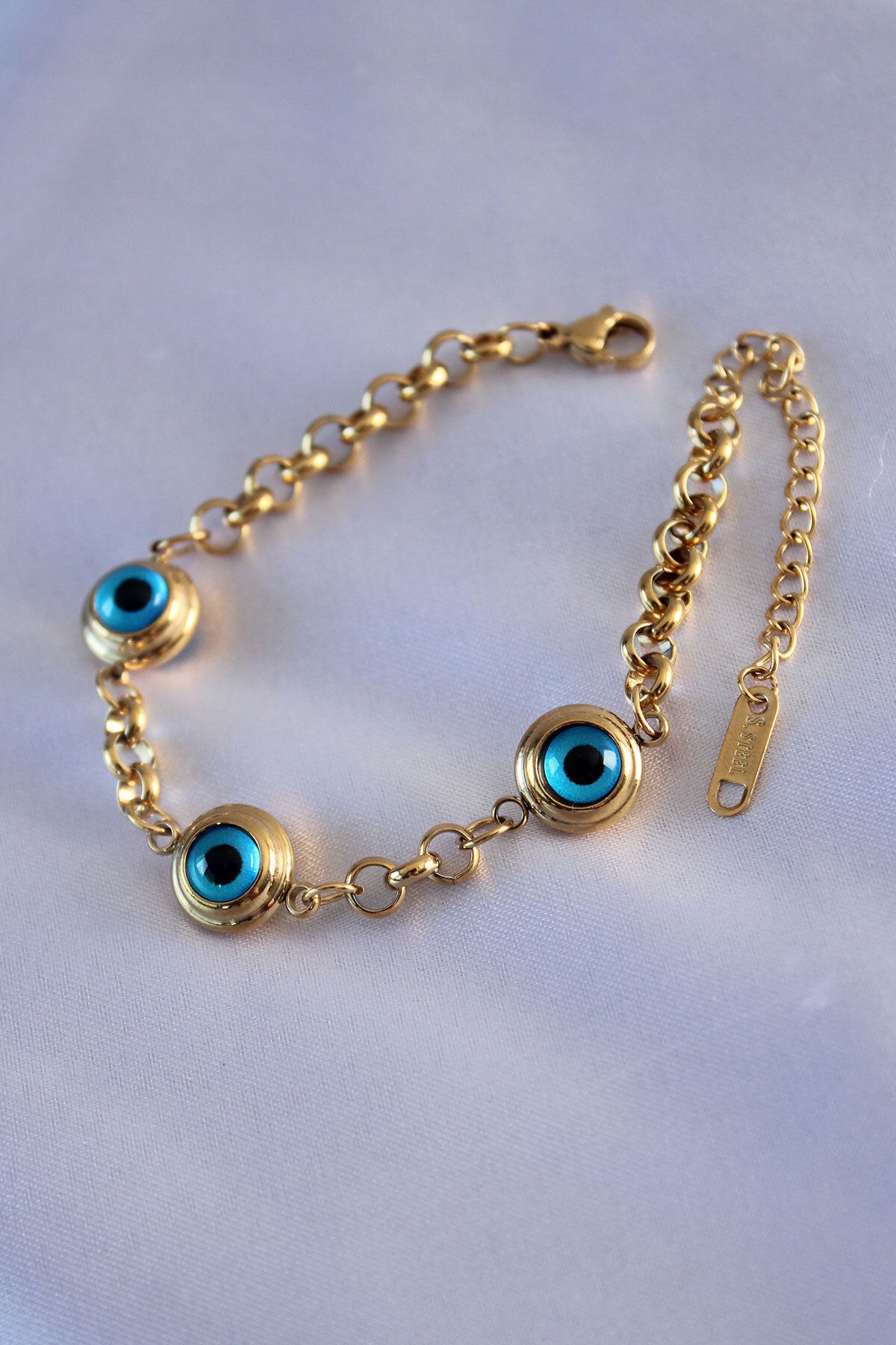 KfksStore 316L Çelik 3 Göz Nazar Model Gold Renk Kadın Bileklik