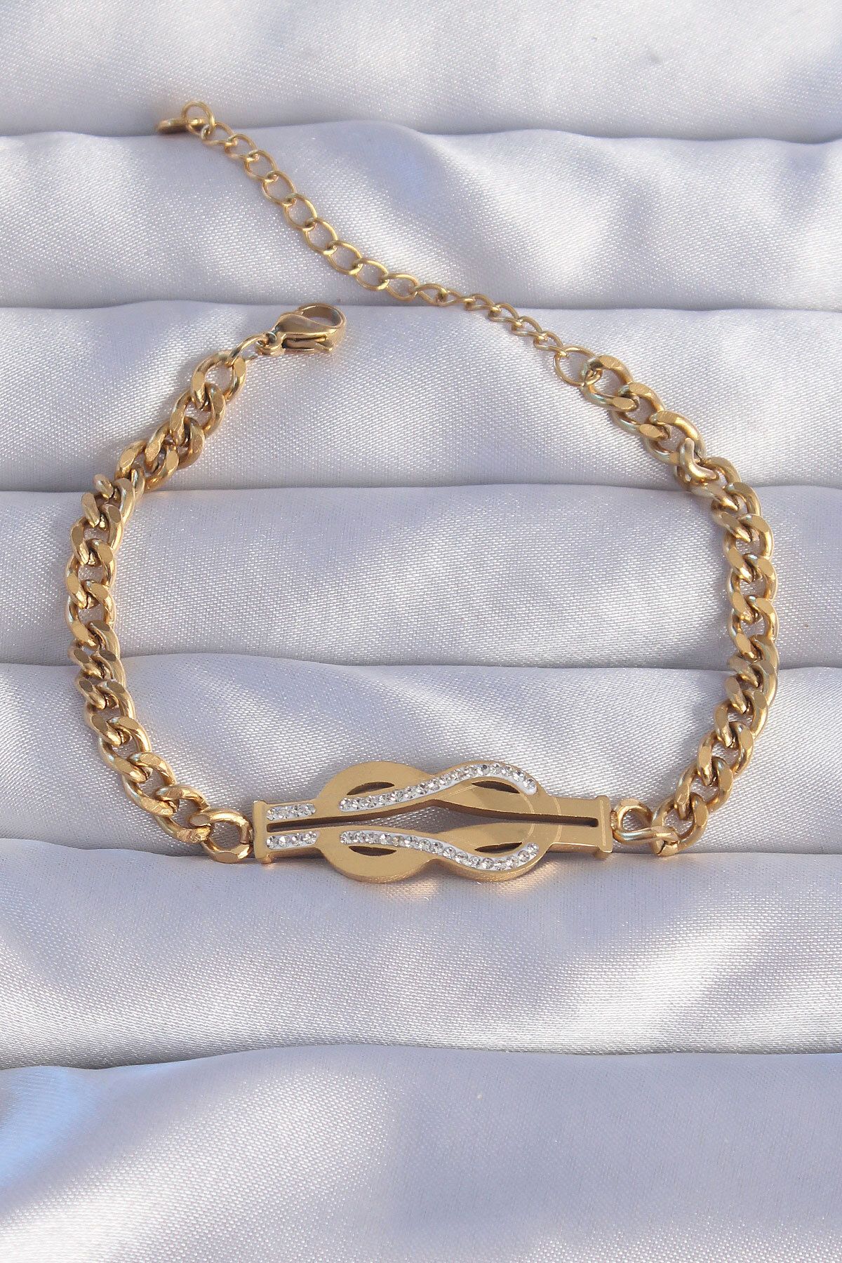 BirdoluSepet 316L Çelik Gold Renk Zirkon Taşlı Kemer Tokası Model Zincir Bileklik
