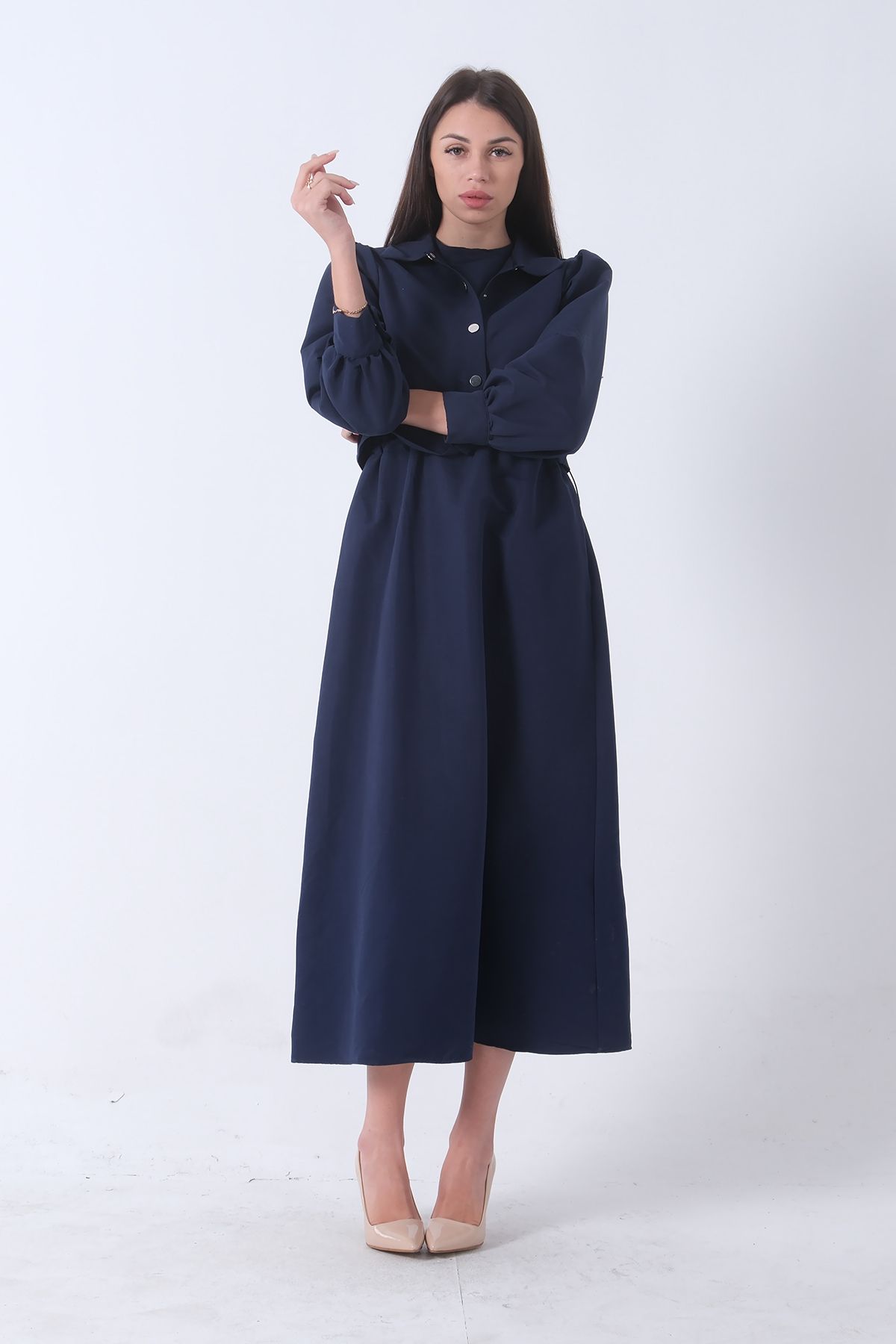 Feminist-Long Hijab Dress with Jacket Detail Navy Blue 4595049 3