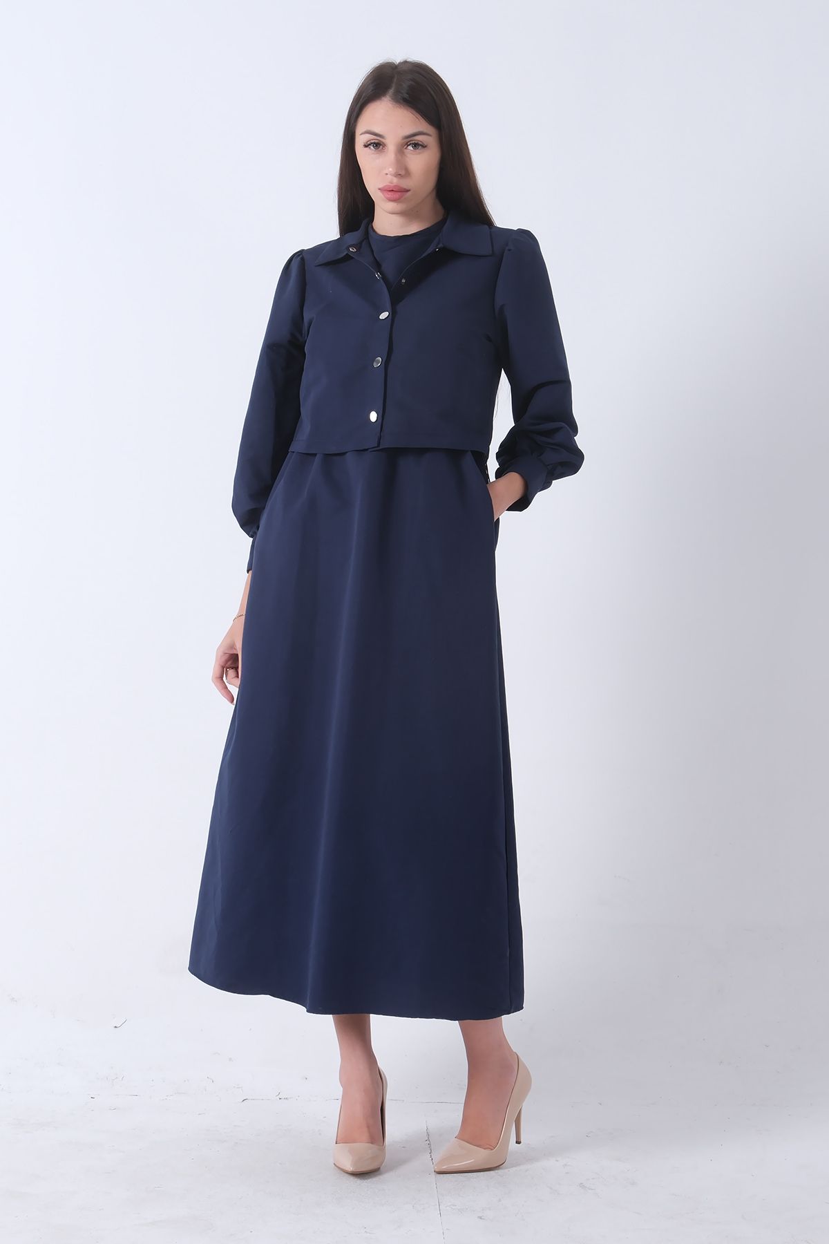 Feminist-Long Hijab Dress with Jacket Detail Navy Blue 4595049 2