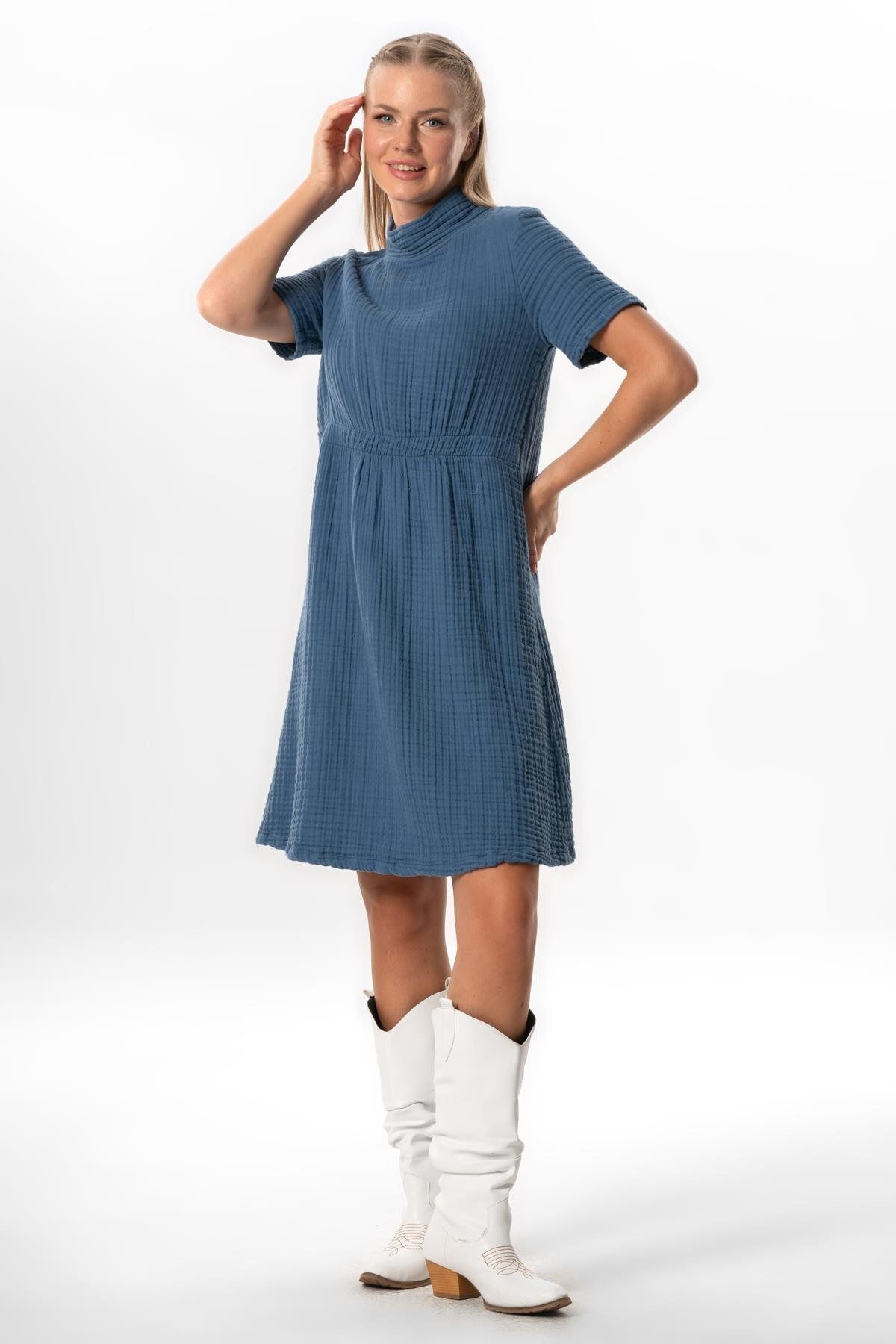 Eliş Şile Bezi-Indigo Midi Length Double Muslin Dress - Short Sleeve and Half Neck, Elastic Autumn and Winter 1