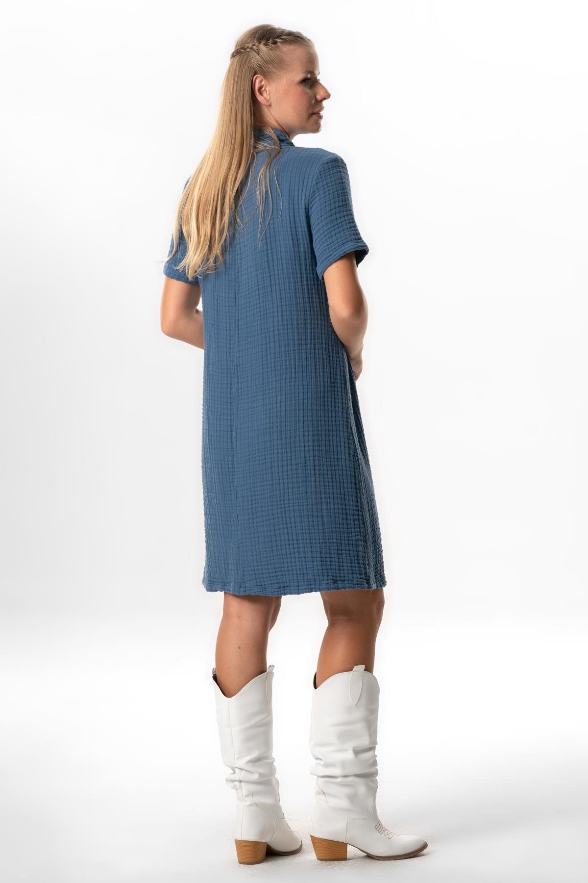 Eliş Şile Bezi-Indigo Midi Length Double Muslin Dress - Short Sleeve and Half Neck, Elastic Autumn and Winter 2