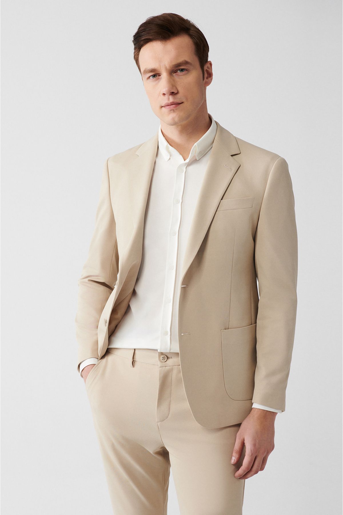 Avva-Men's Beige Mono Collar Lined Slit Jersey Fabric Jacket B 004000 3