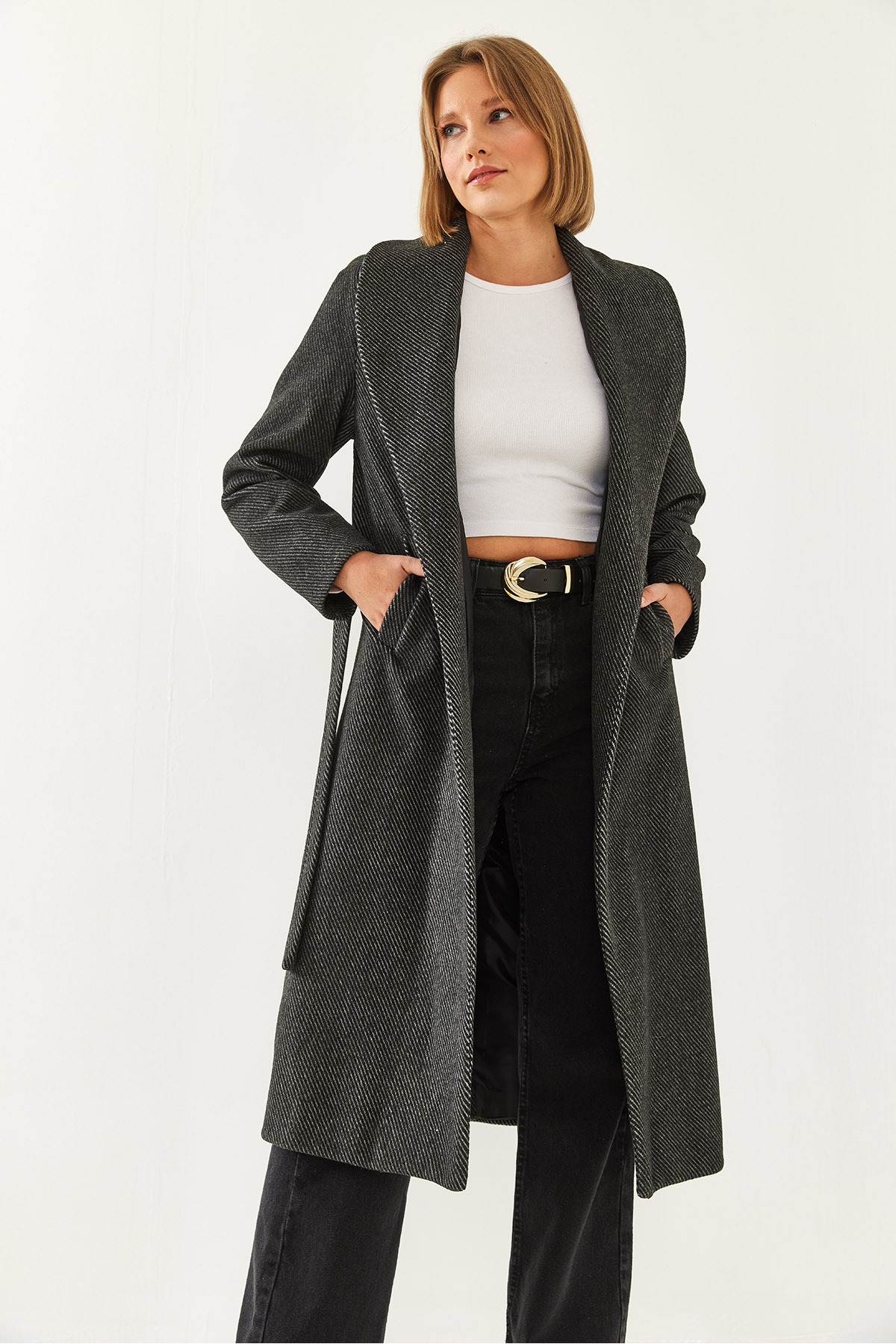 Bianco Lucci  Kadın Kuşaklı Kaşe Kaban 2353 60351083 - Görsel 3