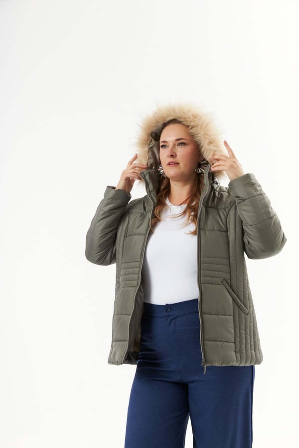 RMG Büyük Beden Kapitone Şişme Mont Astarlı Koyu Vizon11