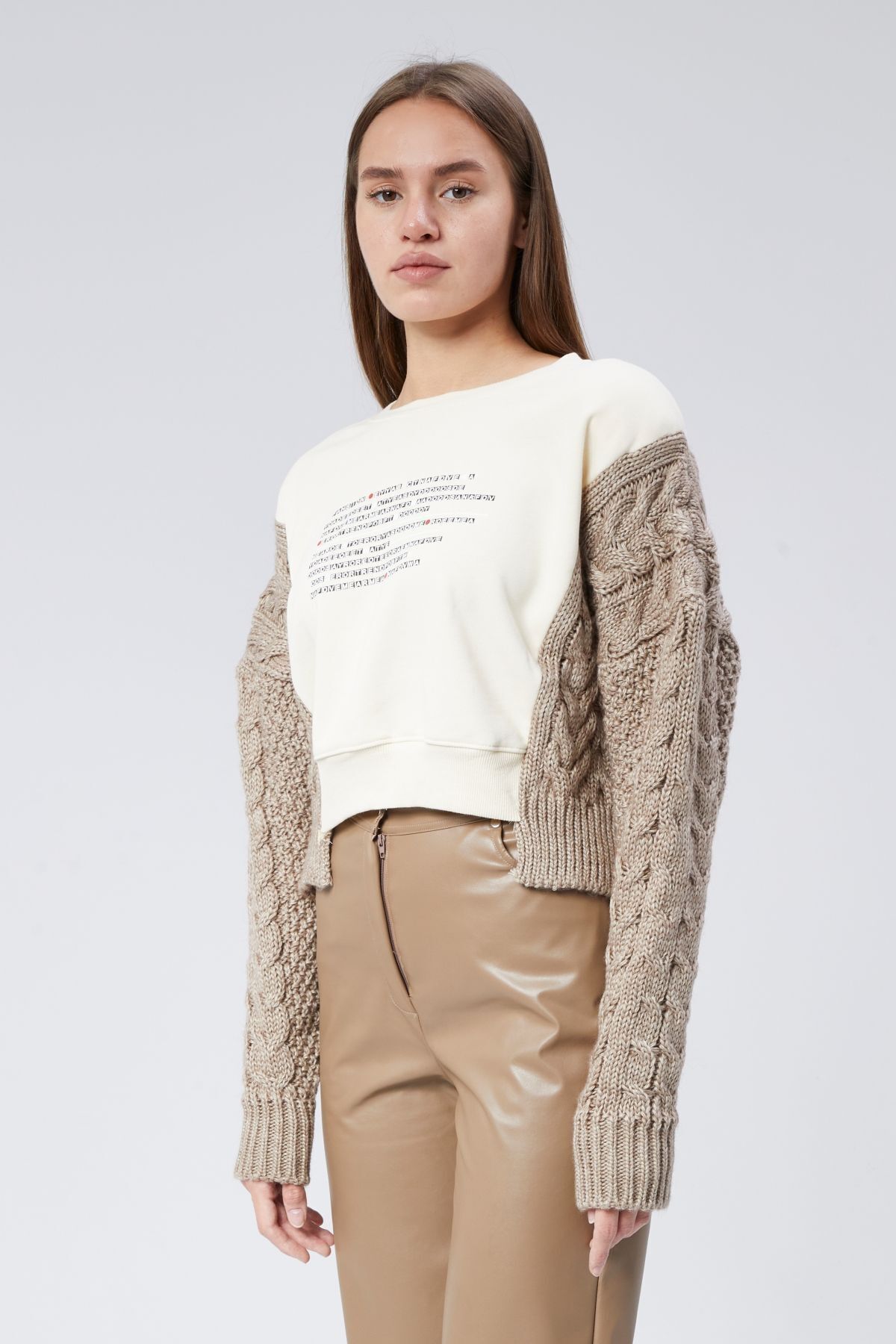 soBasic-Μπεζ φούτερ Gigi - Crew Neck και Λεπτομέρεια Πλεκτών 6