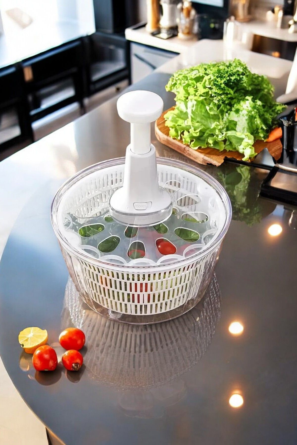 CocoVia Üstten Basmalı Manuel Sebze Salata Kurutucu|Pratik Çıkarılabilir Süzgeçli Sebze Büyük Boy Kurutmatik