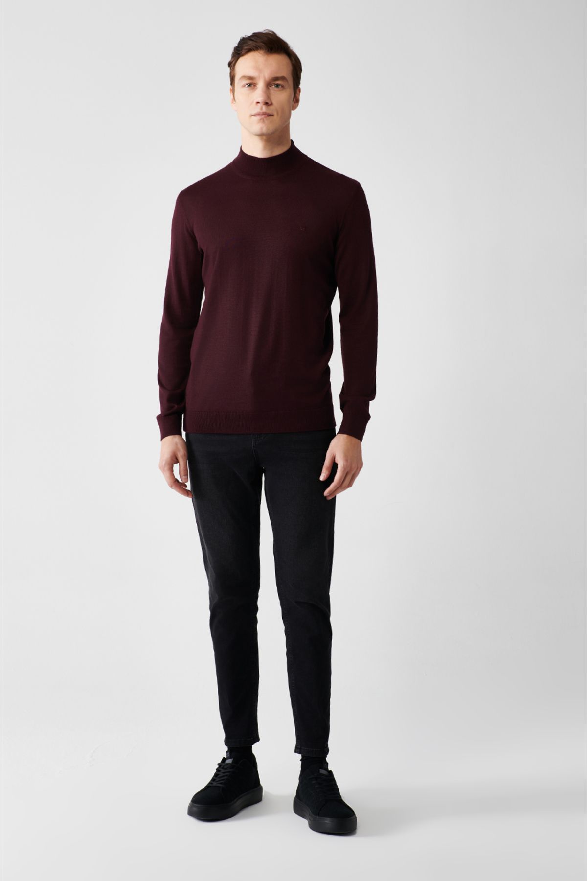 Avva-Men's Burgundy Half Turtleneck Wool Knitwear Sweater B 005015 5