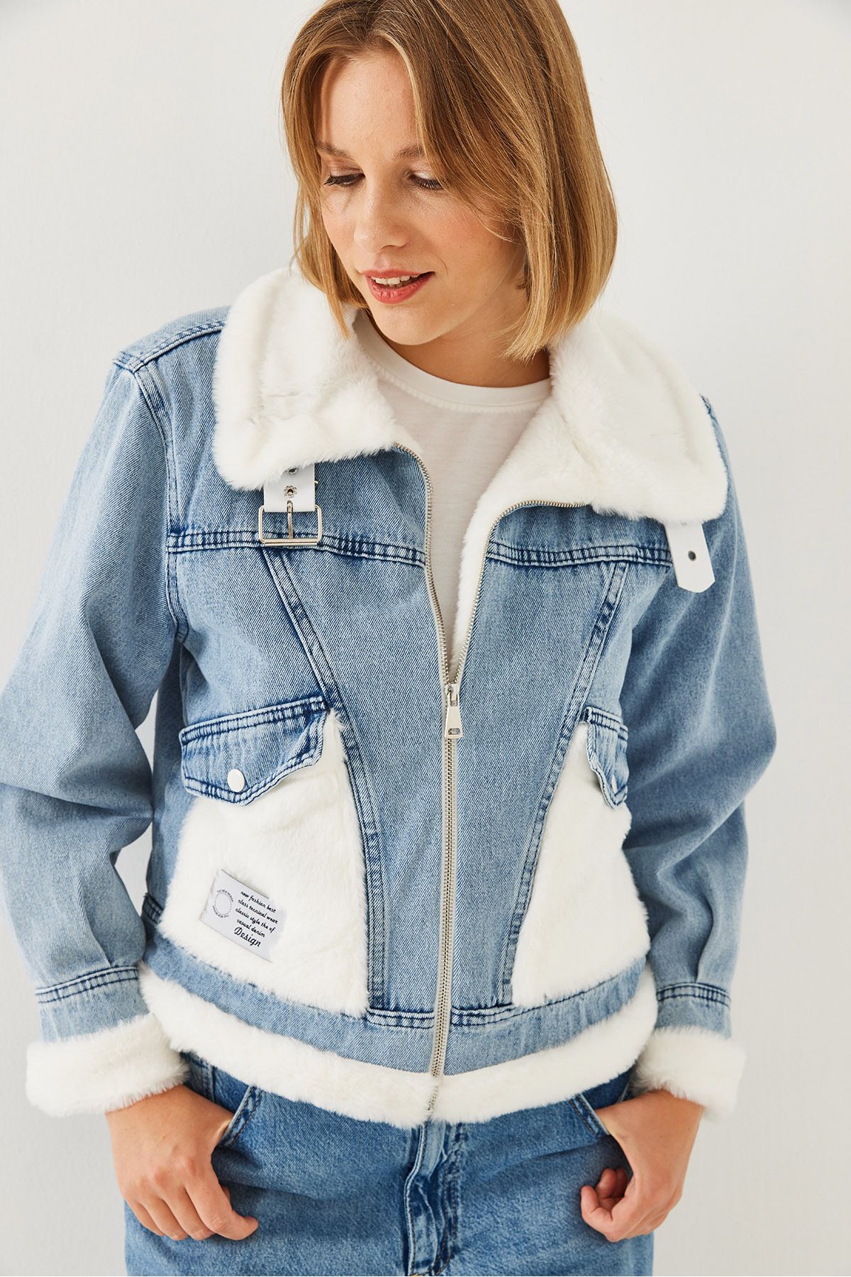 Bianco Lucci-Women's Belt Detailed Furry Denim Coat 2438 60251947 2