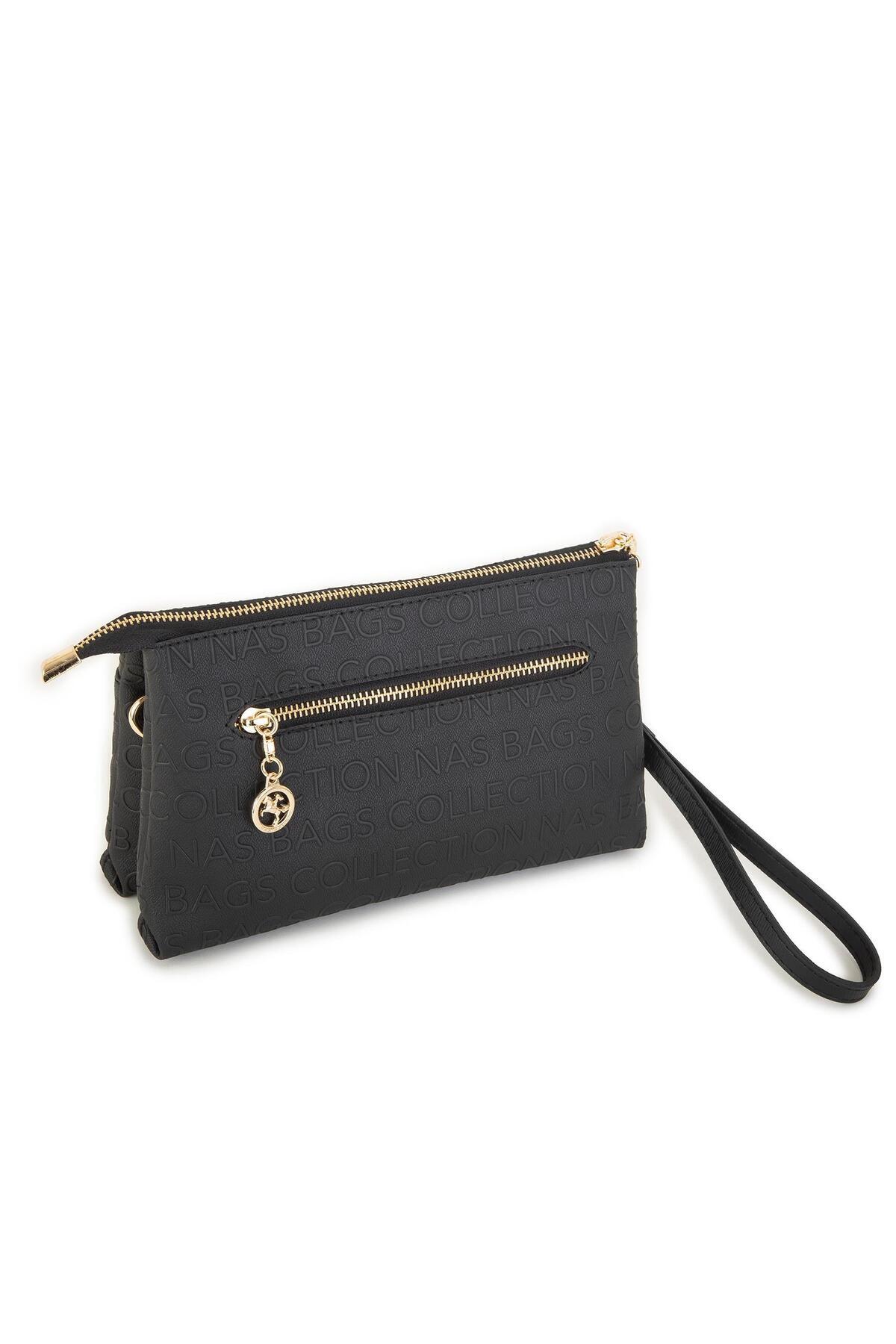 Nas Bag-Women's Crossbody and Clutch Bag with Wrist and Crossbody Strap Black Embossed (24X15 cm) 4