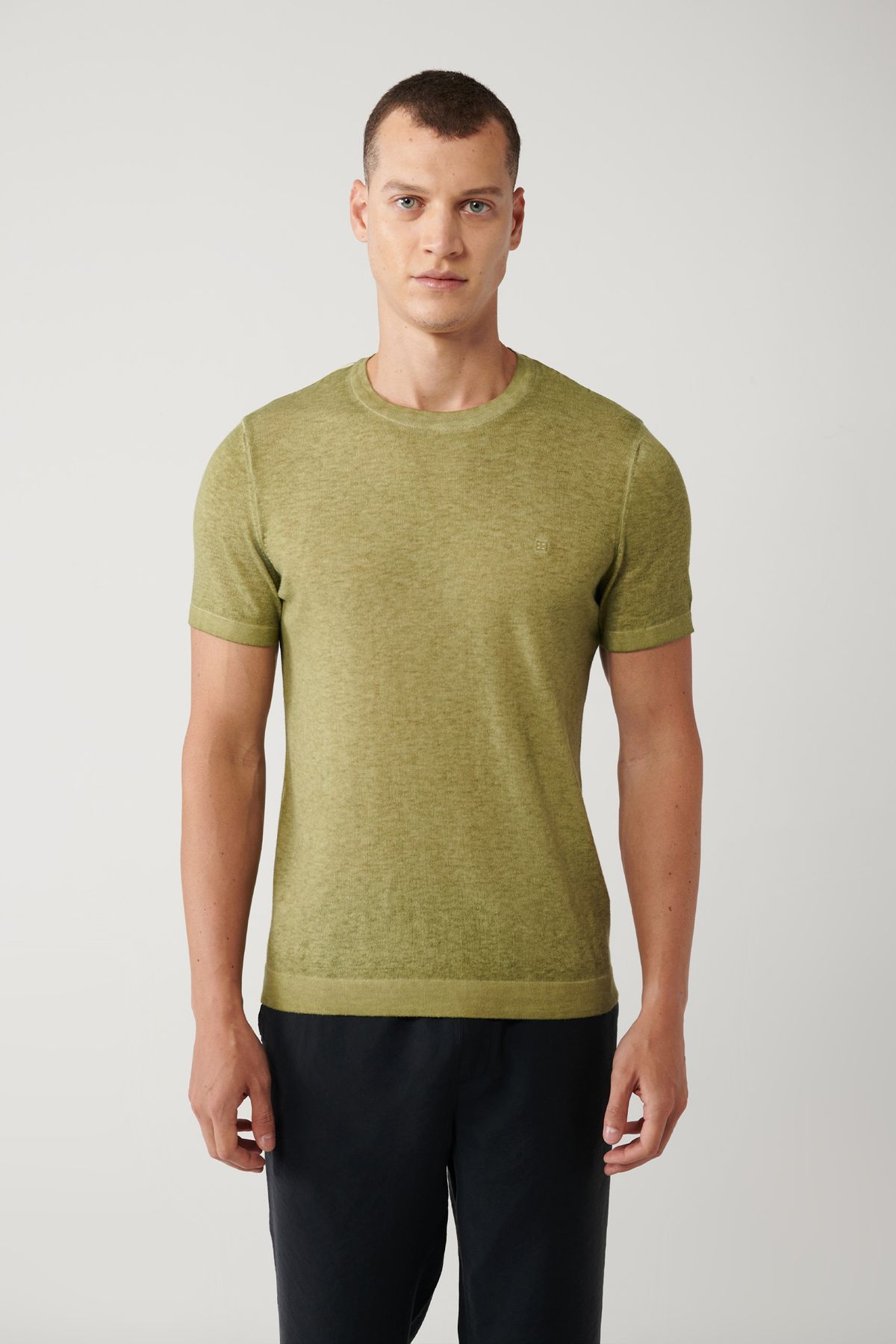 Avva-Men's Khaki Crew Neck Garment Dyed T-Shirt A41Y5074 3