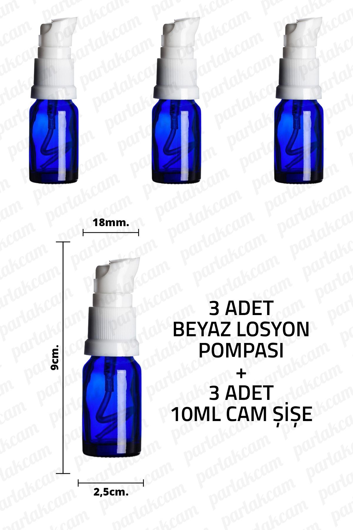 parlakcam 10ml Beyaz Losyon Pompası Mavi Cam Şişe 10cc Beyaz Krem Pompası Başlıklı Mavi Cam Şişe 3 Adet