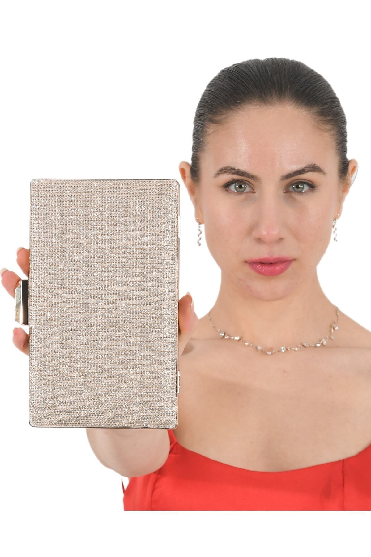 MidStore Gold Dore Altın Renk Simli Abiye Çanta Gece Çantası Nişan Düğün Çantası