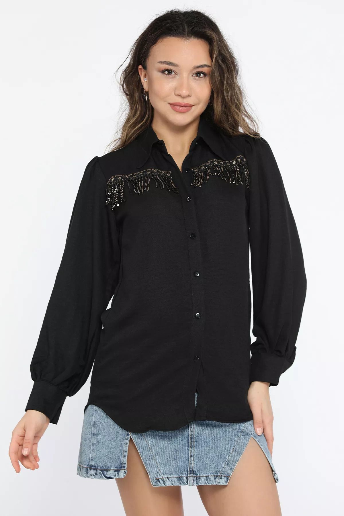 GÜLSELİ-Black Women's Sequin Detailed Tasseled Balloon Sleeve Shirt 3