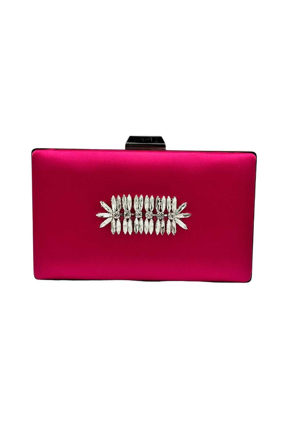 Wedding Fashion Fuşya Renk Saten Gümüş Kasalı Gümüş Taşlı Abiye Çanta Clutch Mezuniyet Balo Portföy