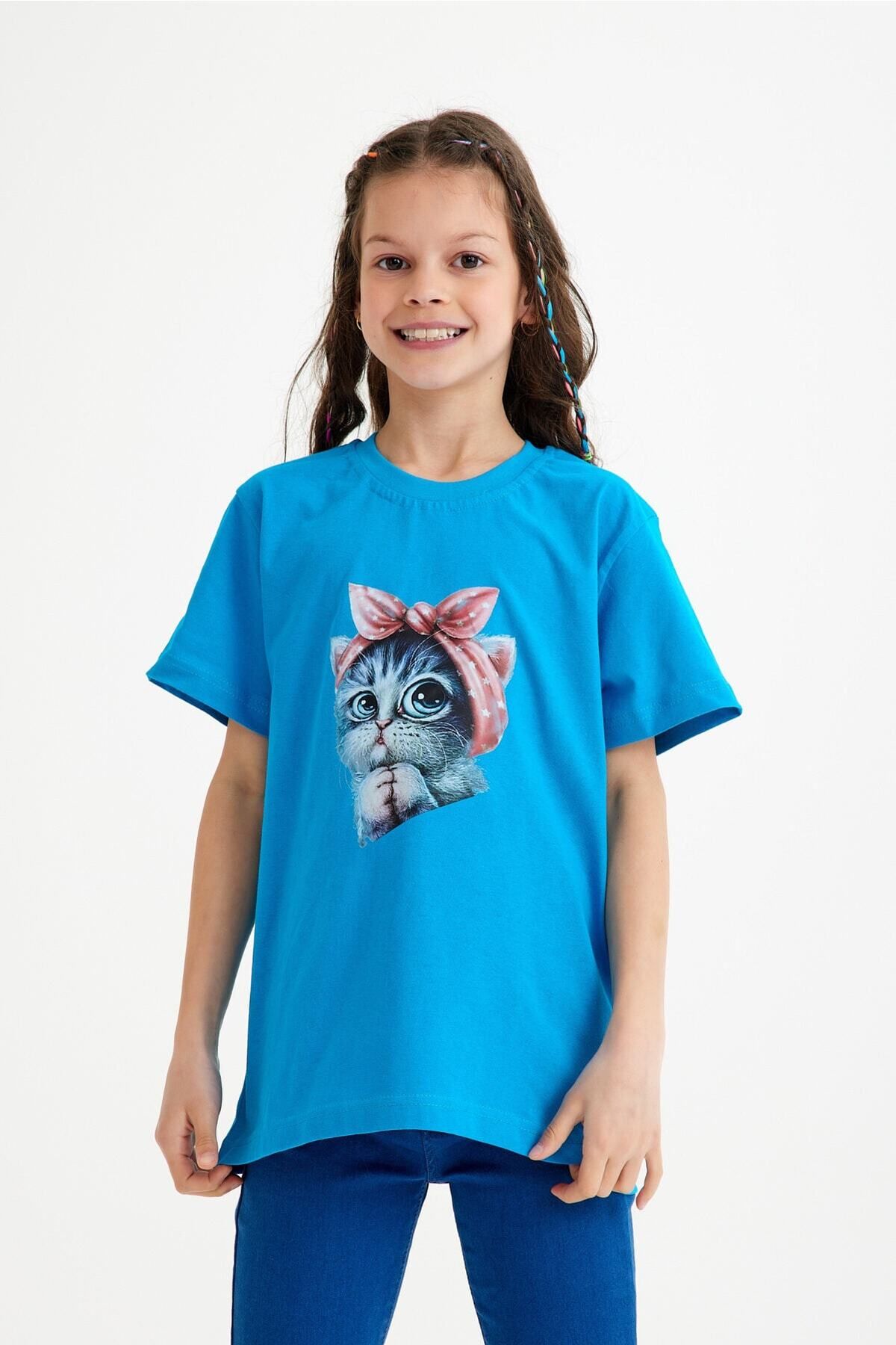 LUCKYPORT-Pink Ribbon Cat Printed Children's T-Shirt for Ages 5 - 15 3