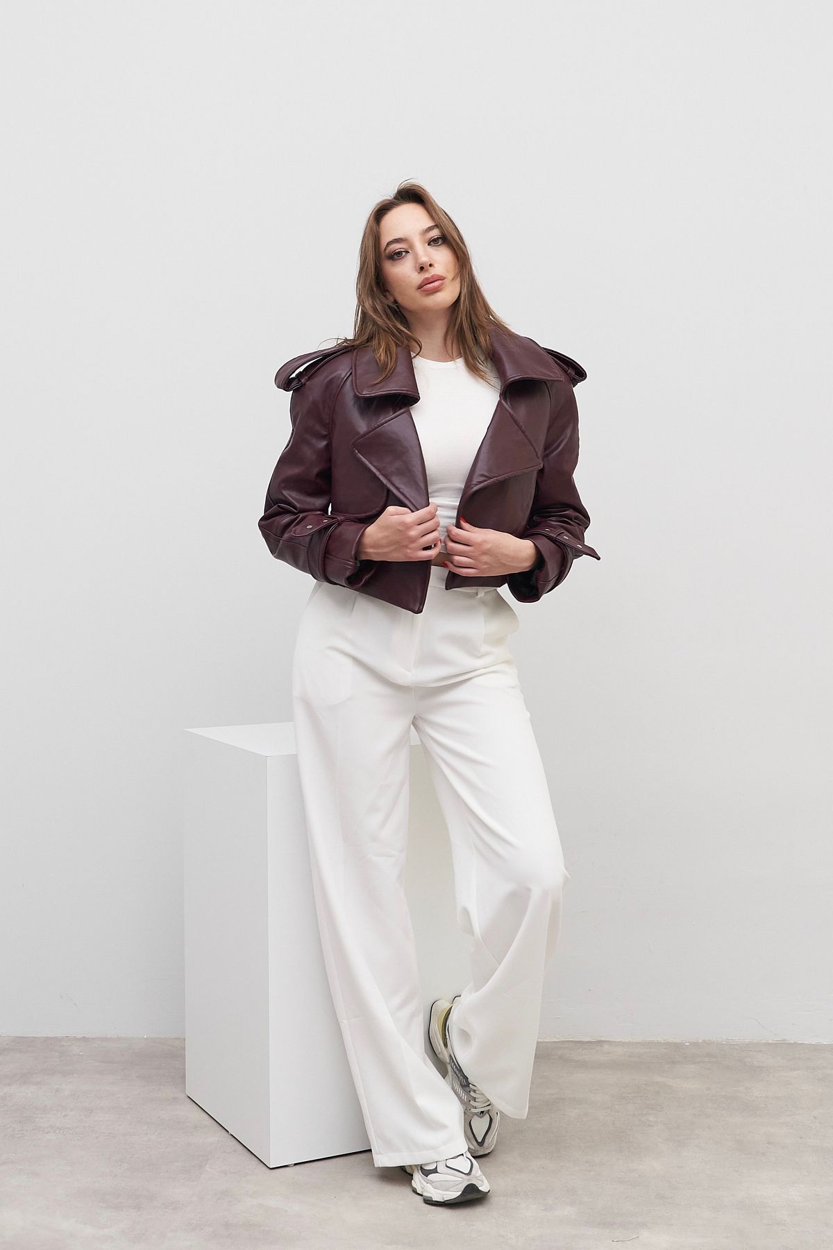 Rabia Çelik-Women's Burgundy Leather Jacket with Ankle Belt and Shoulder Detail 4