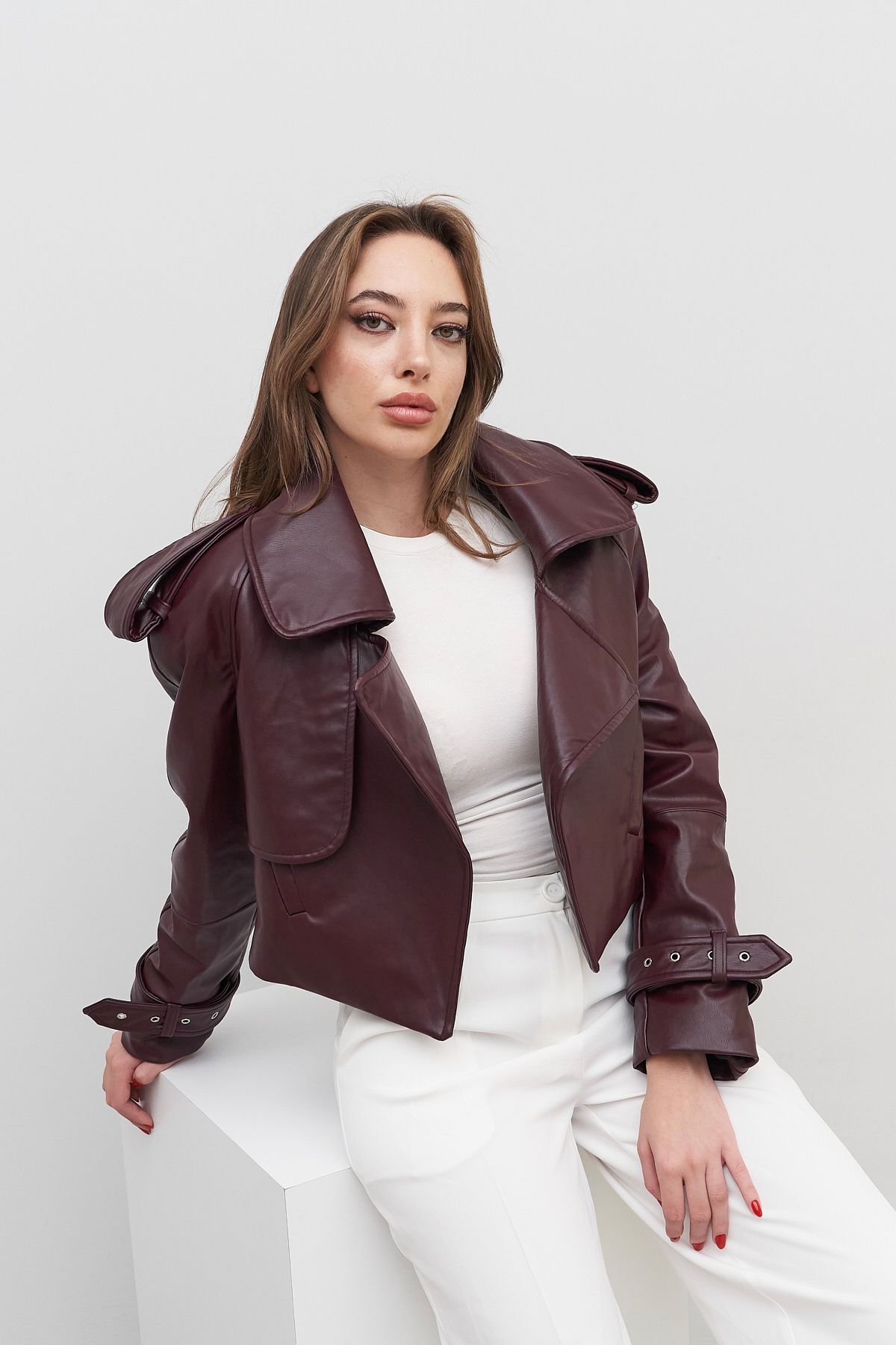 Rabia Çelik-Women's Burgundy Leather Jacket with Ankle Belt and Shoulder Detail 5