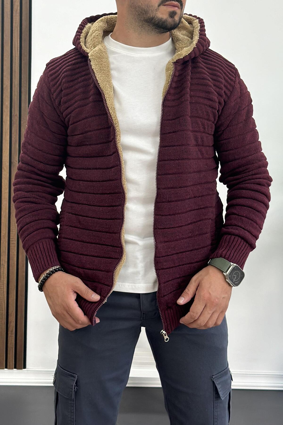 ژاکت کشباف شرابی بافتنی کلاهدار مردانه T743 — زرشکی EDWOX02948GYM — تصویر 3 از 5