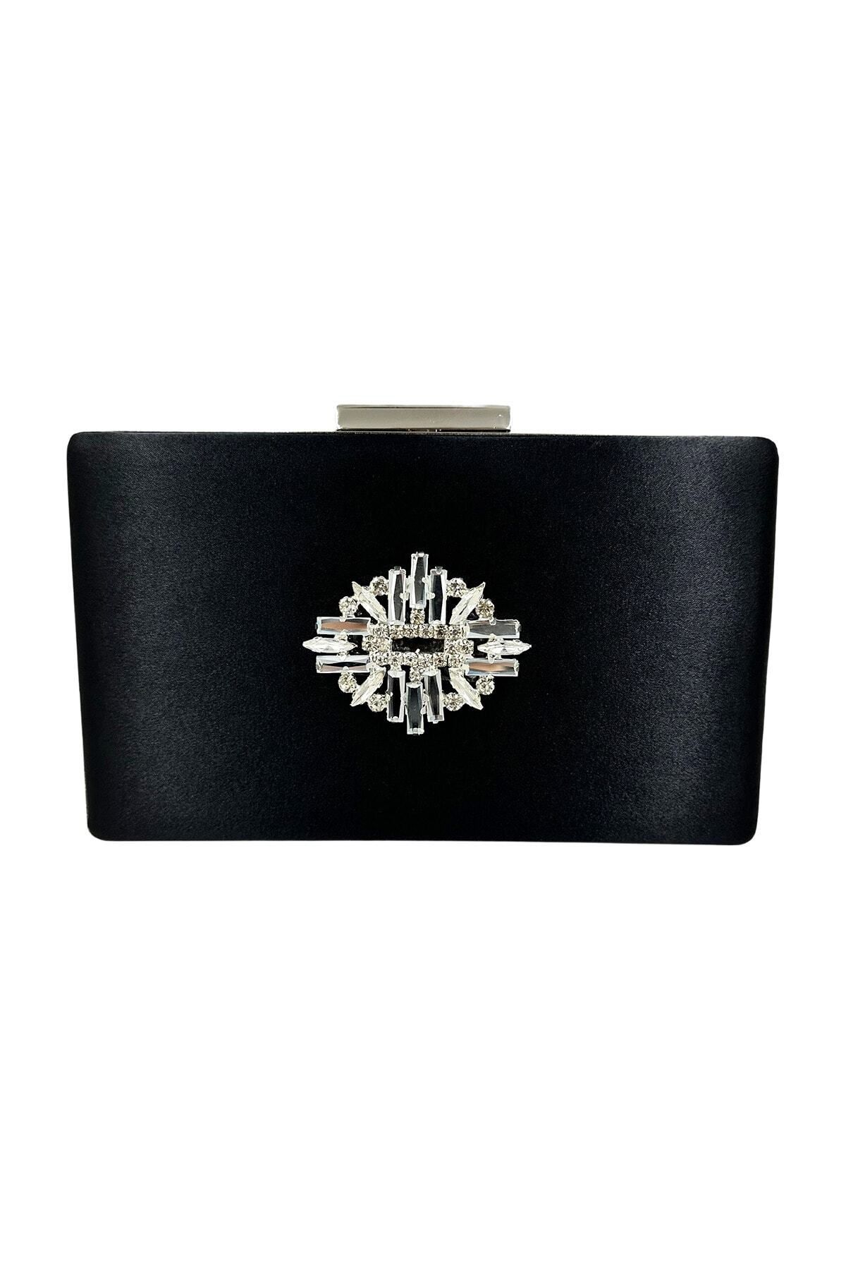 Wedding Fashion Siyah Renk Saten Gümüş Kasalı Gümüş Taşlı Abiye Çanta Clutch Mezuniyet Balo Portföy