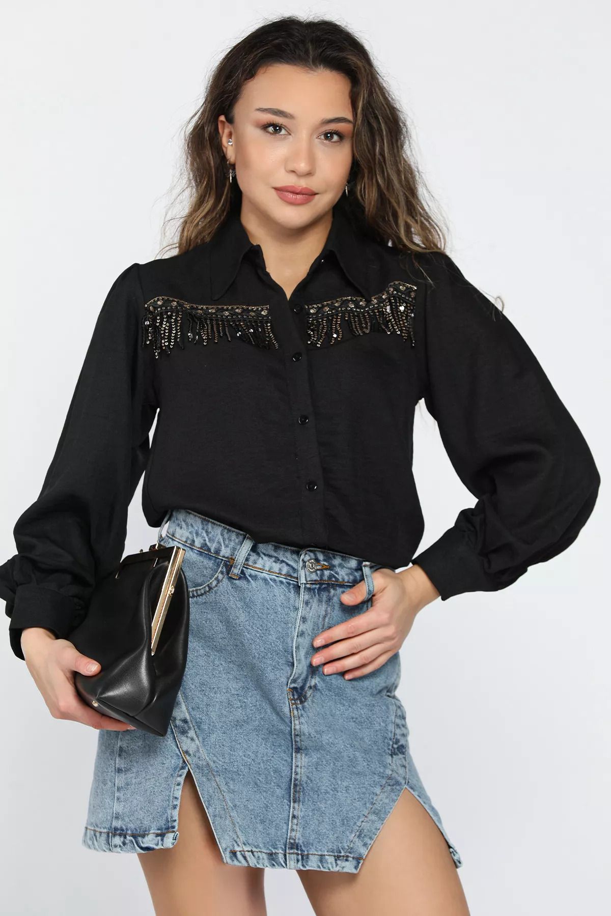 GÜLSELİ-Black Women's Sequin Detailed Tasseled Balloon Sleeve Shirt 4