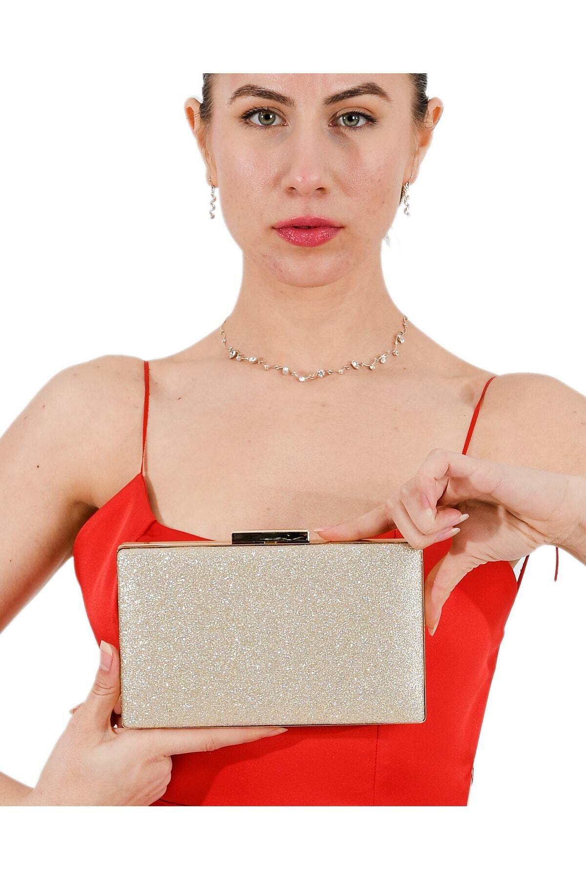 Wedding Fashion Altın Renk Simli Abiye Çanta Clutch Balo Mezuniyet Çantası