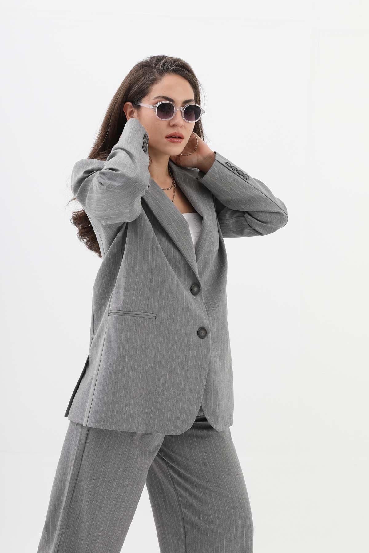 VAPUR TEKSTİL-Fleto Pocketed Narrow Striped Polyviscose Blazer Jacket - Gray 6