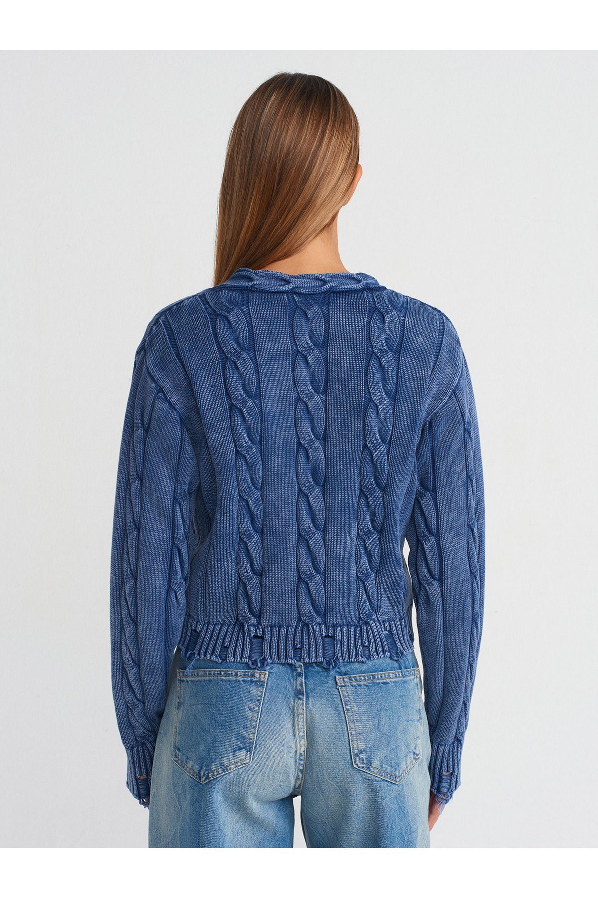 Dilvin-60263 Pale Effect Buttoned Ripped Detailed Knitwear Cardigan-Indigo 2