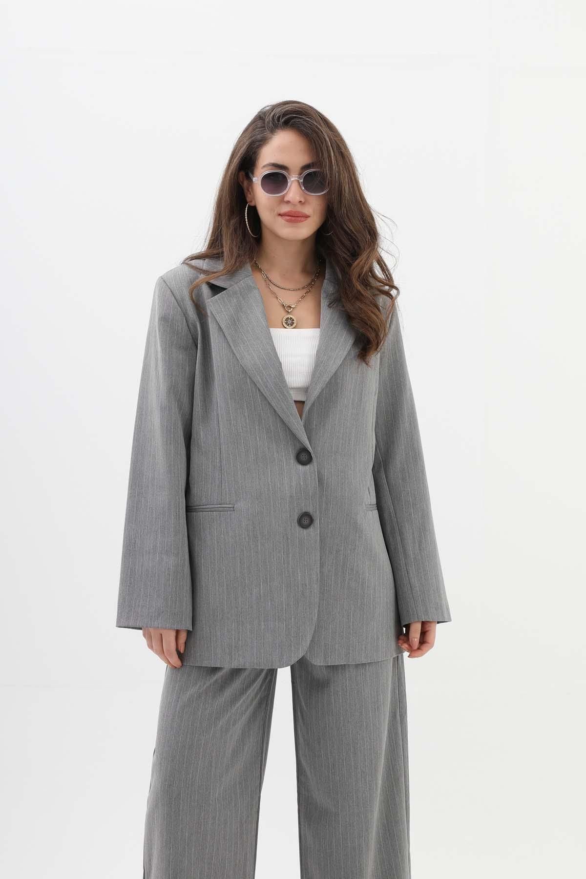 VAPUR TEKSTİL-Fleto Pocketed Narrow Striped Polyviscose Blazer Jacket - Gray 2