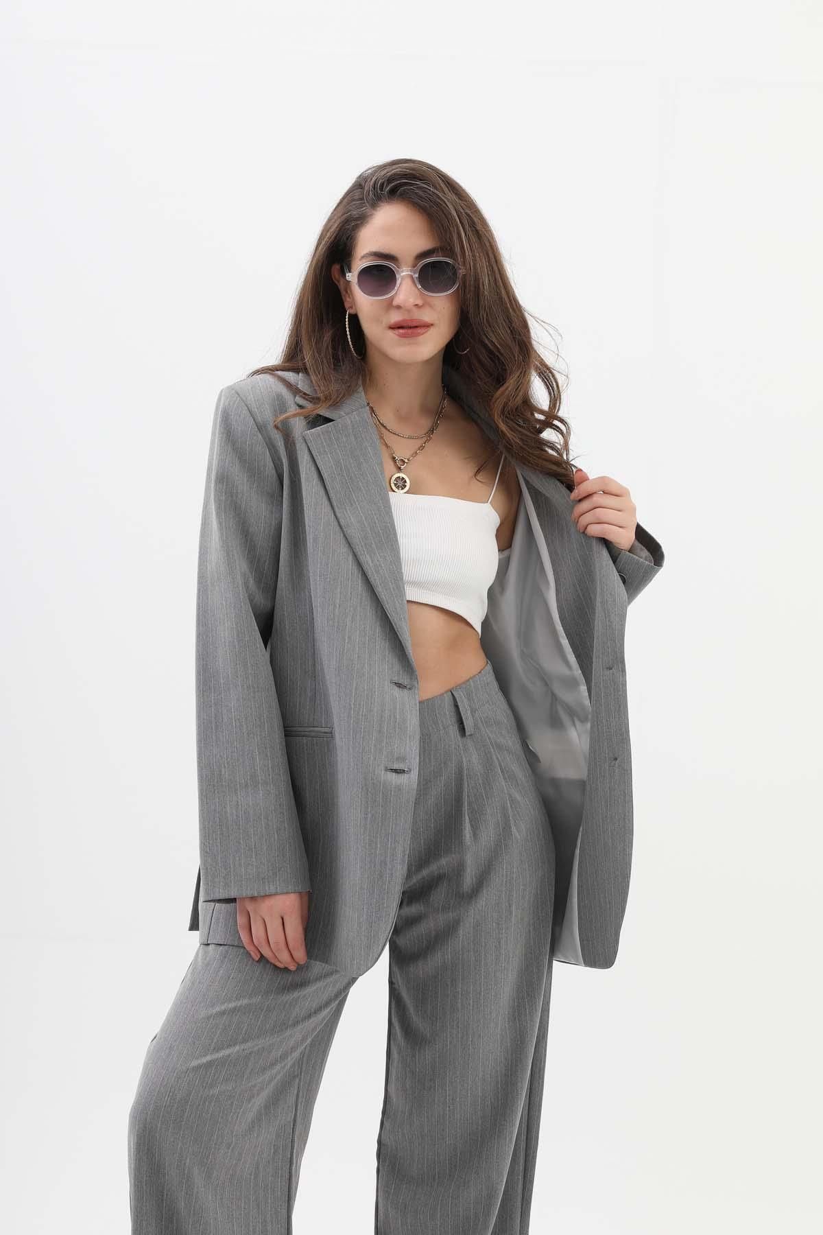 VAPUR TEKSTİL-Fleto Pocketed Narrow Striped Polyviscose Blazer Jacket - Gray 5